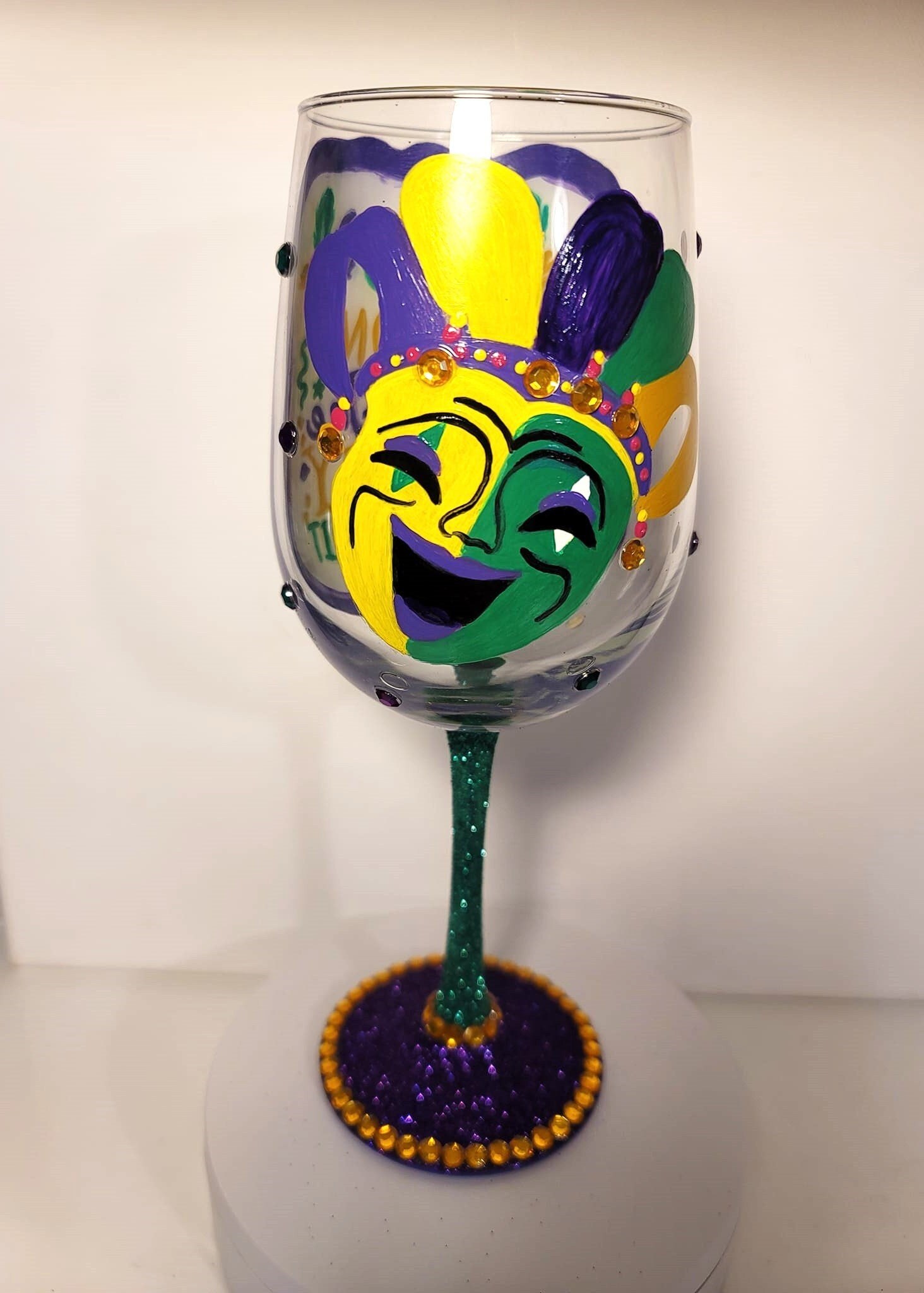 Hand Painted Mardi Gras Wine Glass, Bling Party Barware, view 4
