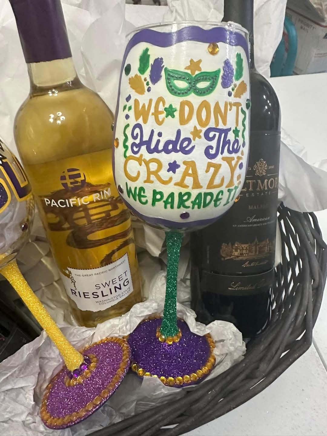 Hand Painted Mardi Gras Wine Glass, Bling Party Barware, view 5
