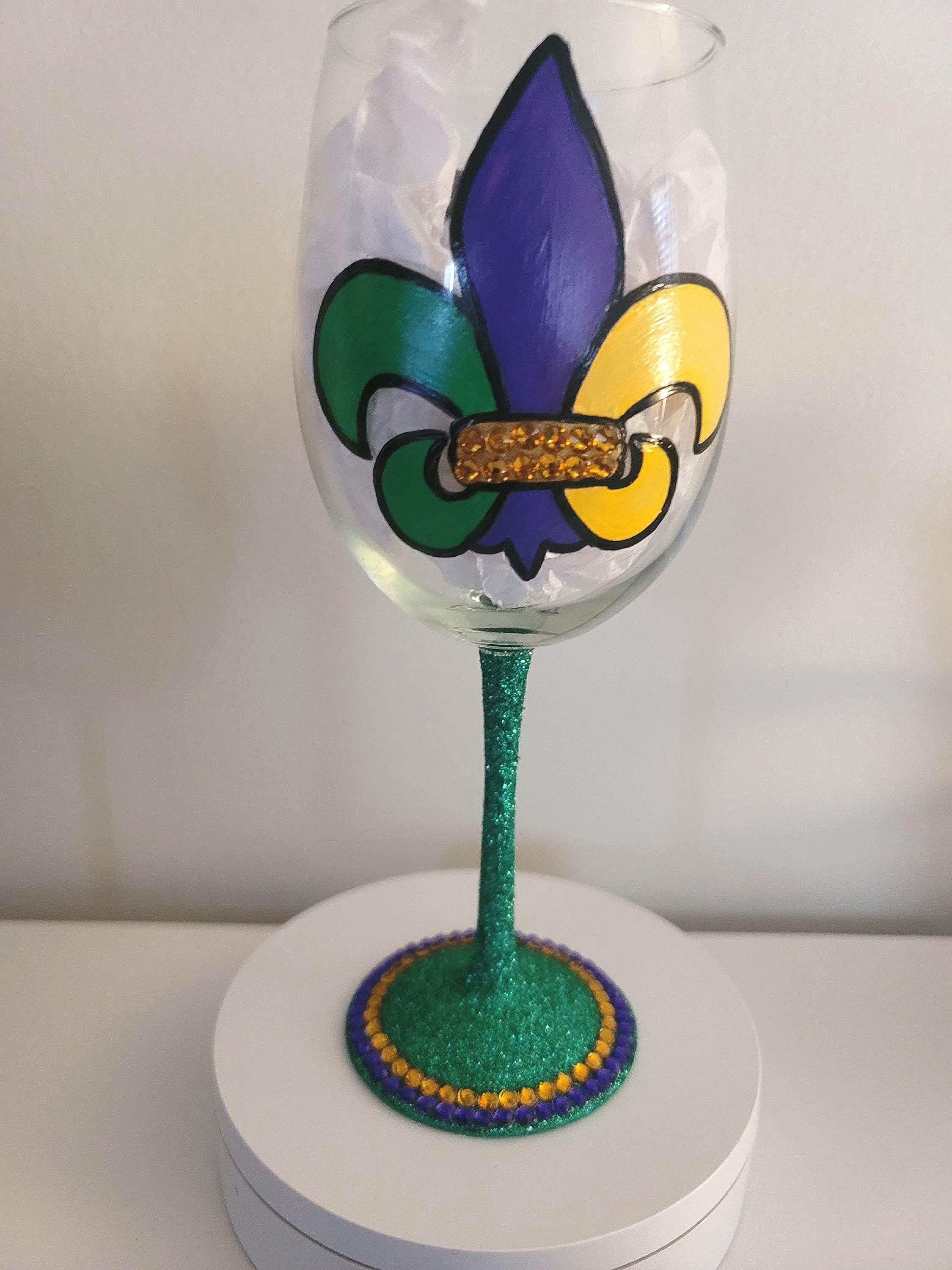 Hand Painted Mardi Gras Wine Glass, Rhinestone Party Barware, view 2