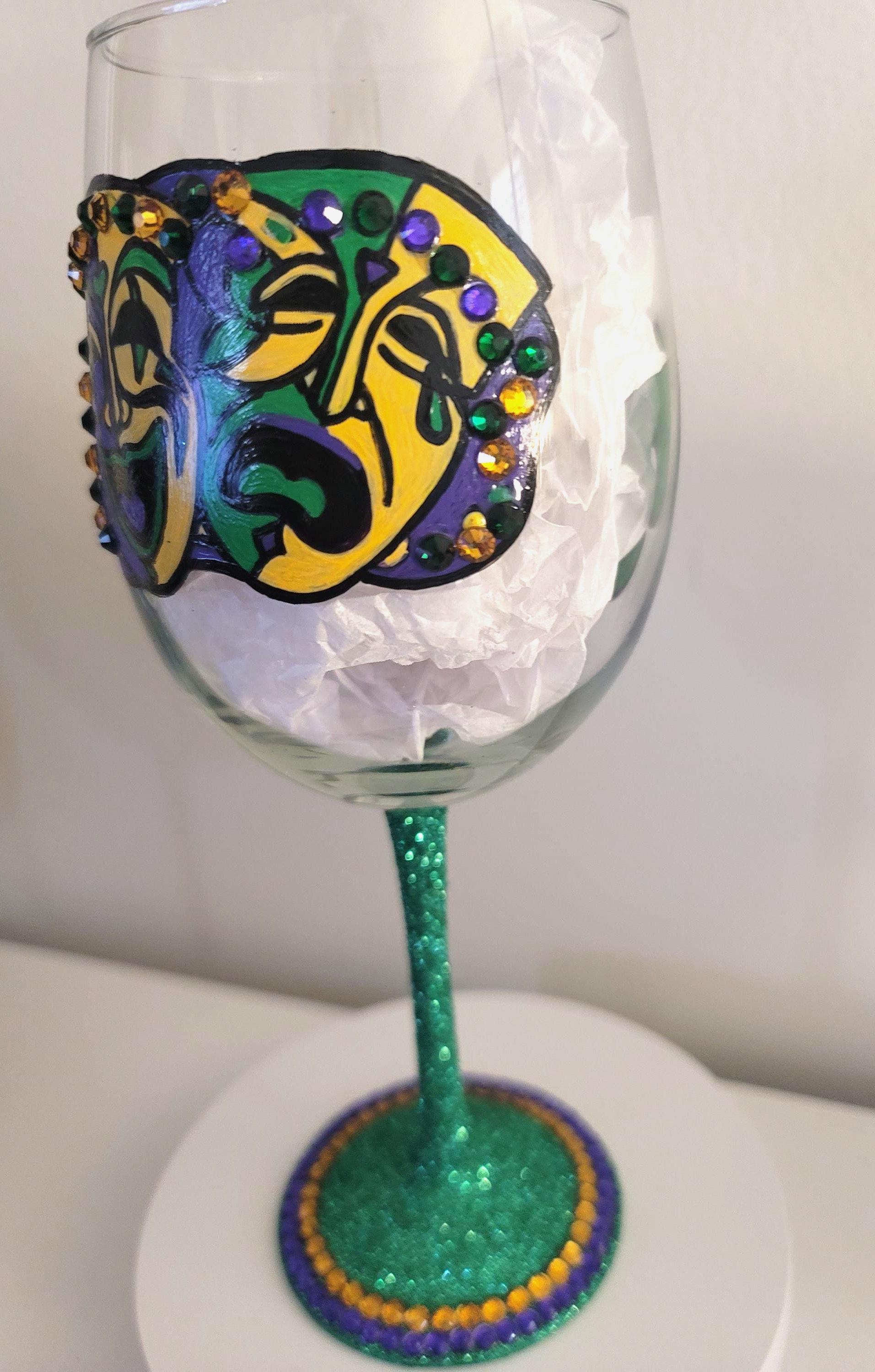 Hand Painted Mardi Gras Wine Glass, Rhinestone Party Barware, view 3