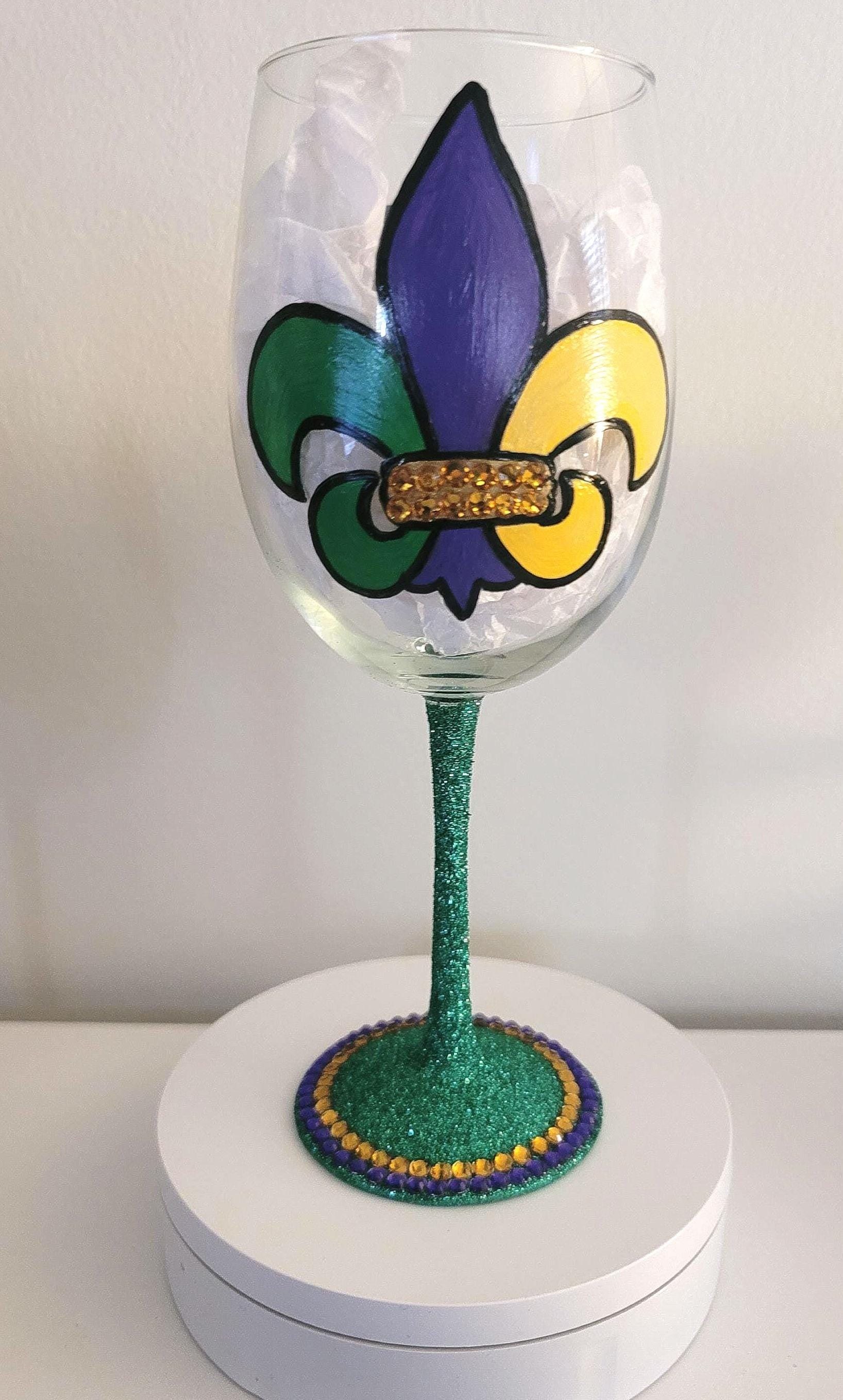Hand Painted Mardi Gras Wine Glass, Rhinestone Party Barware, view 4