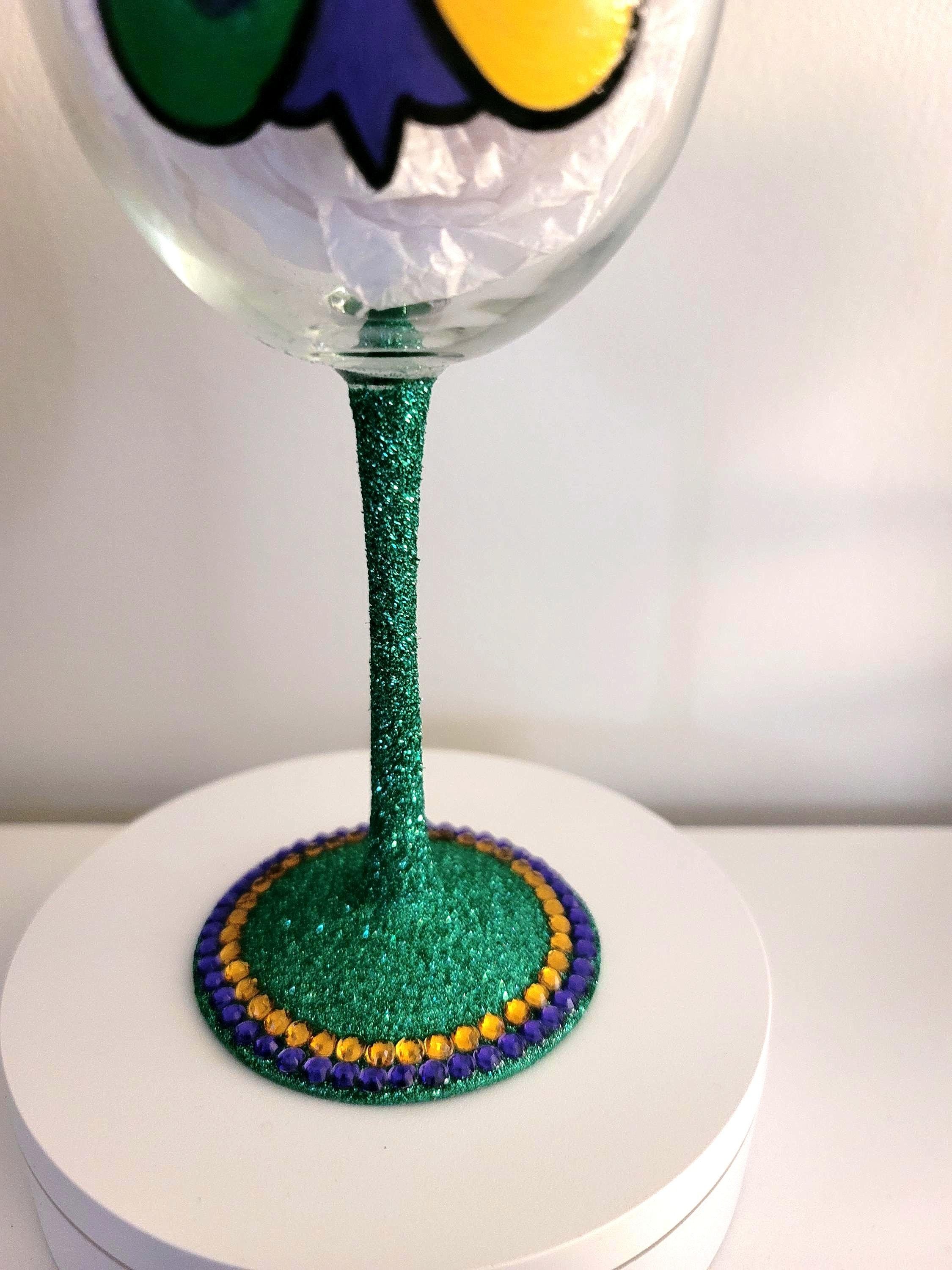 Hand Painted Mardi Gras Wine Glass, Rhinestone Party Barware, view 5