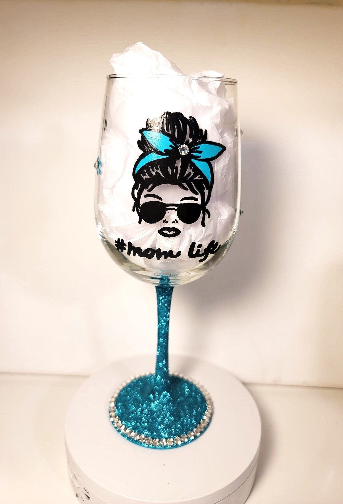 Hand Painted Mom Life Wine Glass, Glitter Bling Stem