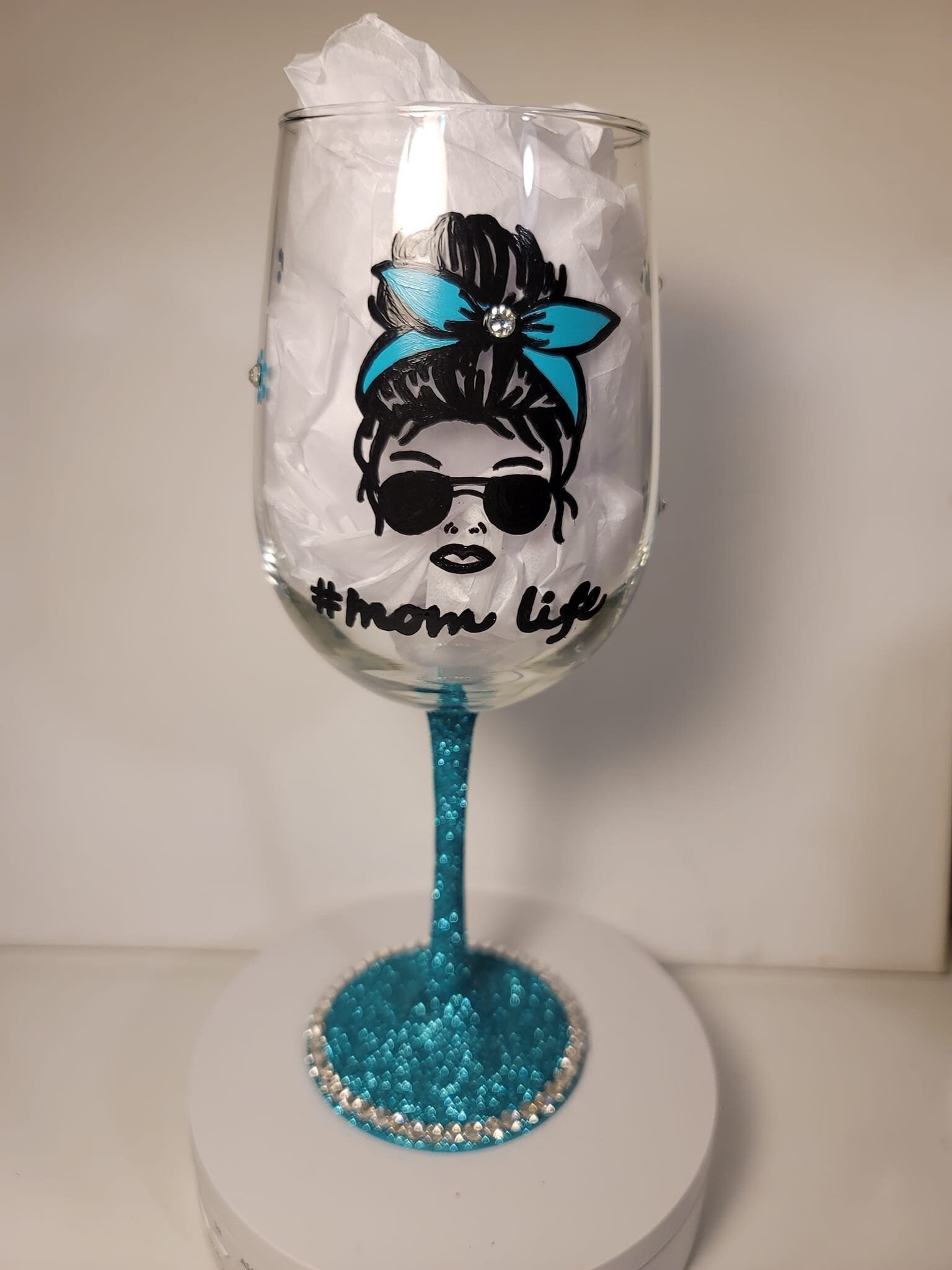 Hand Painted Mom Life Wine Glass, Glitter Bling Stem, view 3