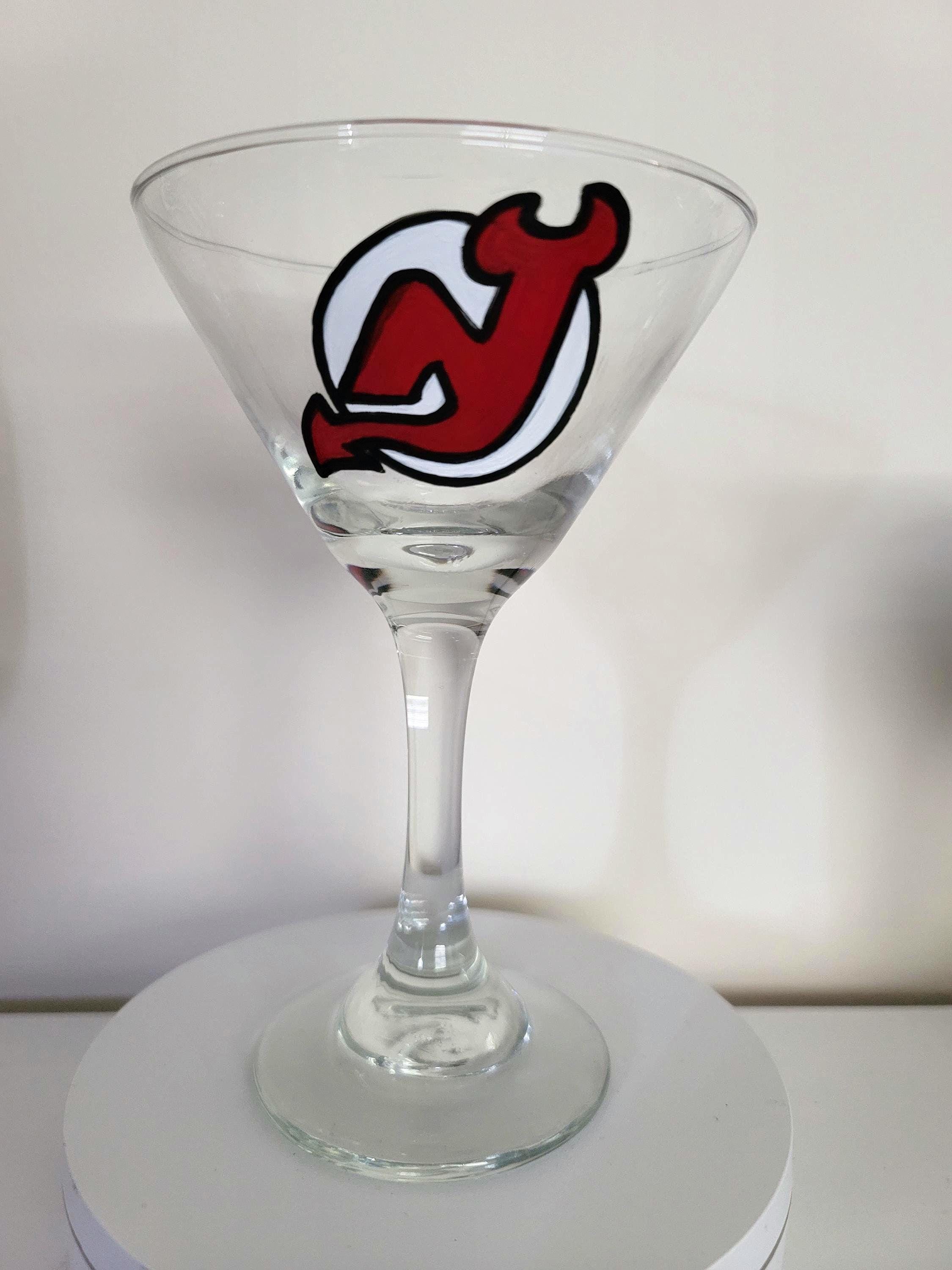 Hand Painted New Jersey Devils Martini Glass: Hockey Fan Gift, view 2