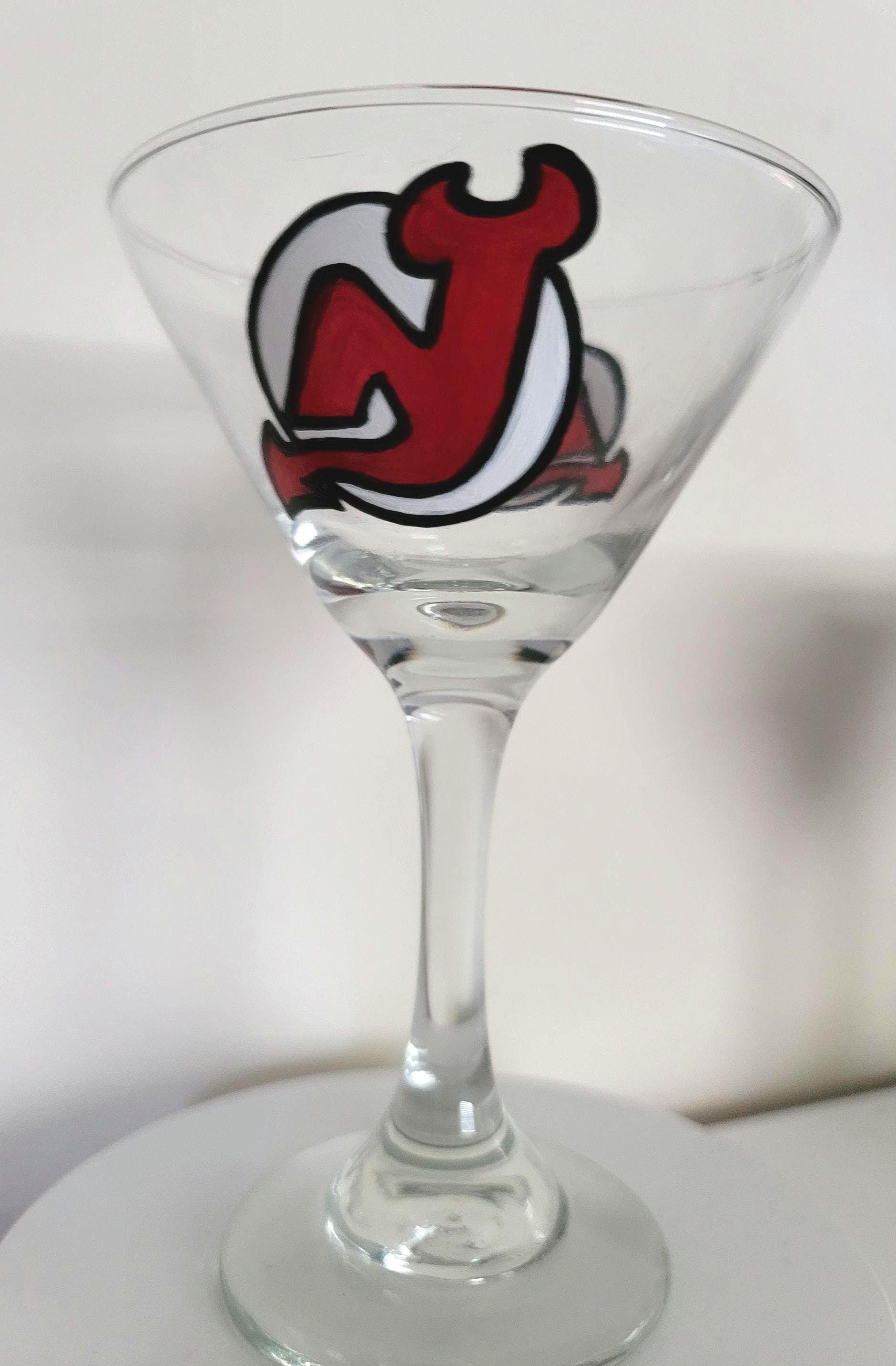 Hand Painted New Jersey Devils Martini Glass: Hockey Fan Gift, view 3