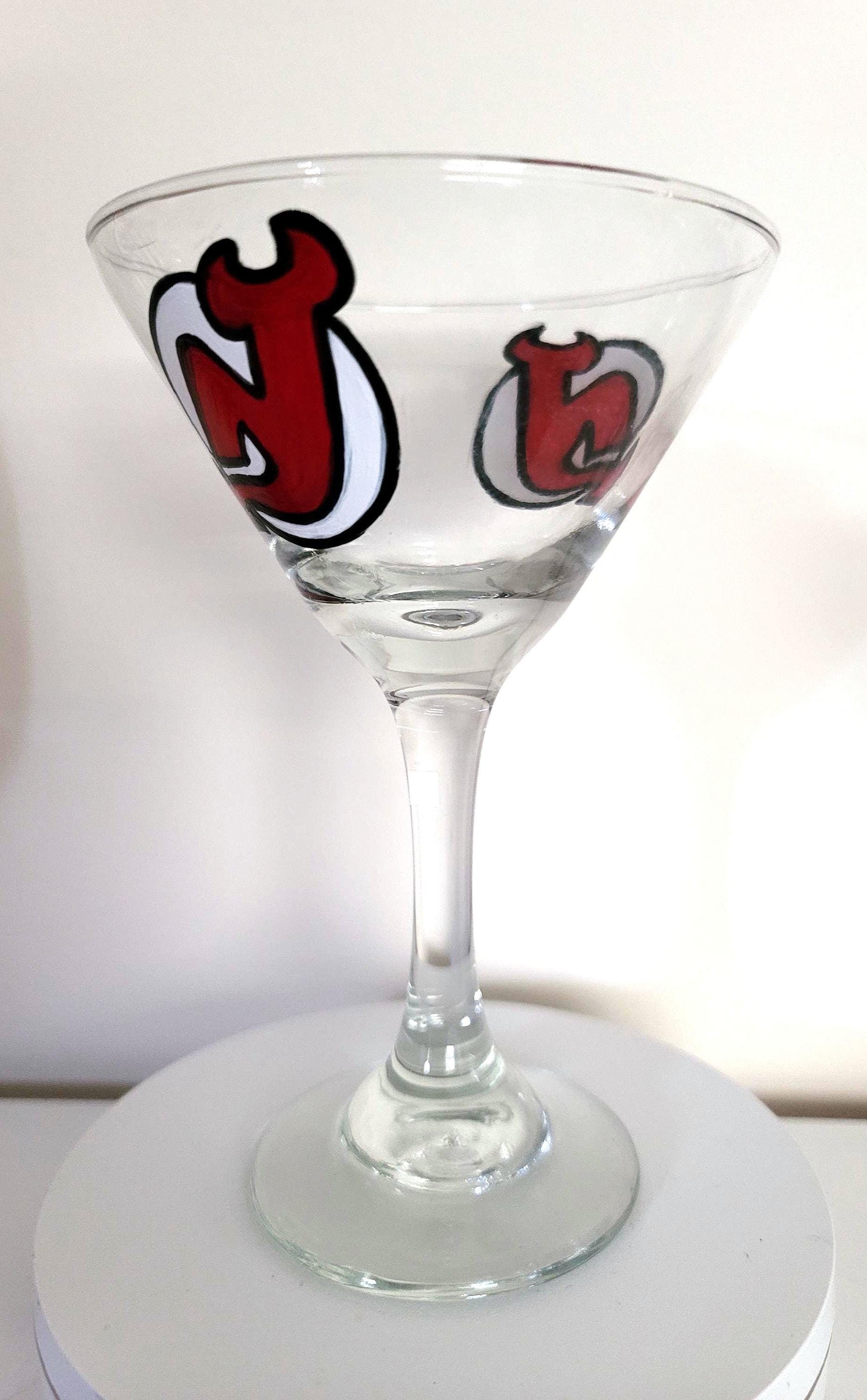 Hand Painted New Jersey Devils Martini Glass: Hockey Fan Gift, view 4