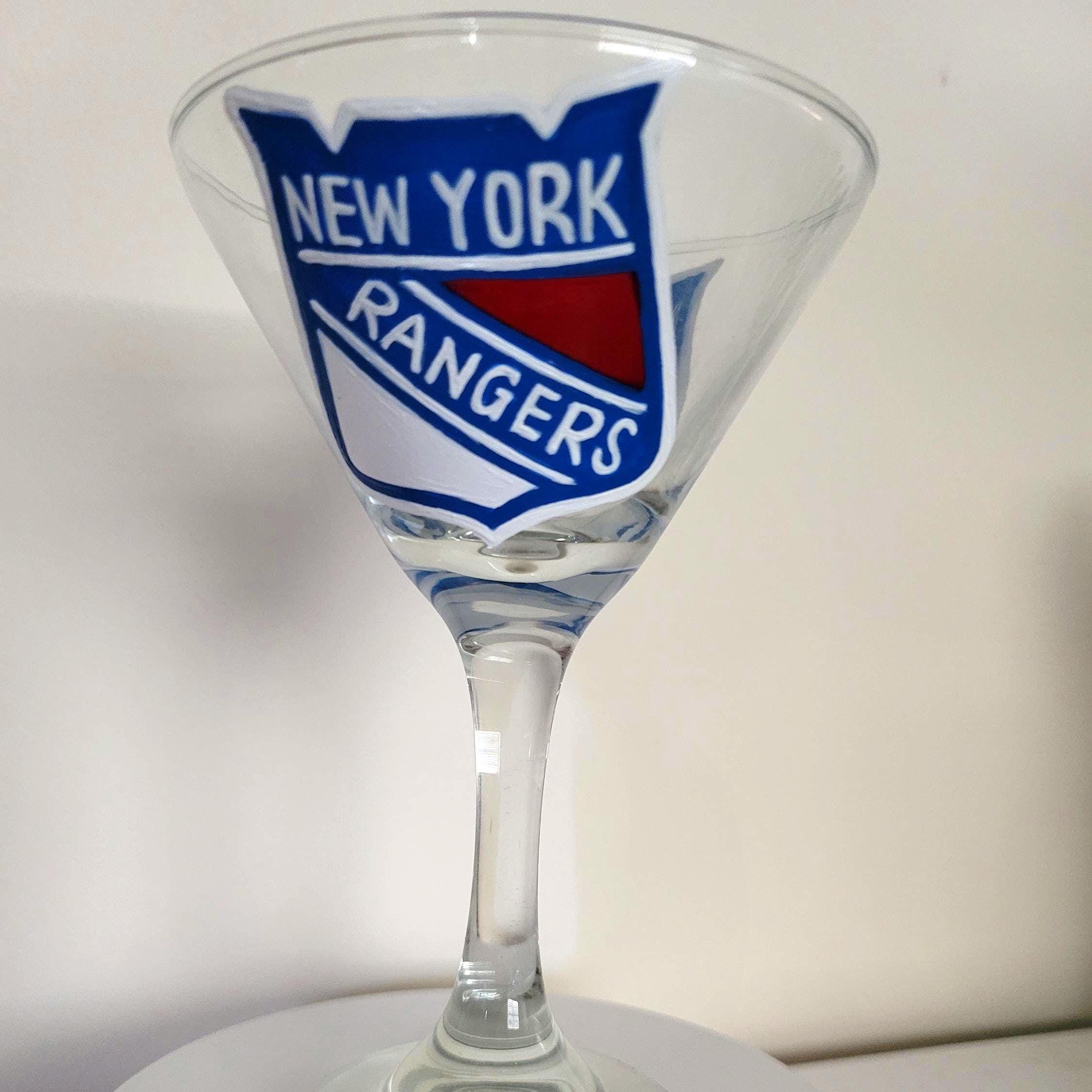 Hand Painted New York Rangers Martini Glass: Hockey Fan Gift, view 2