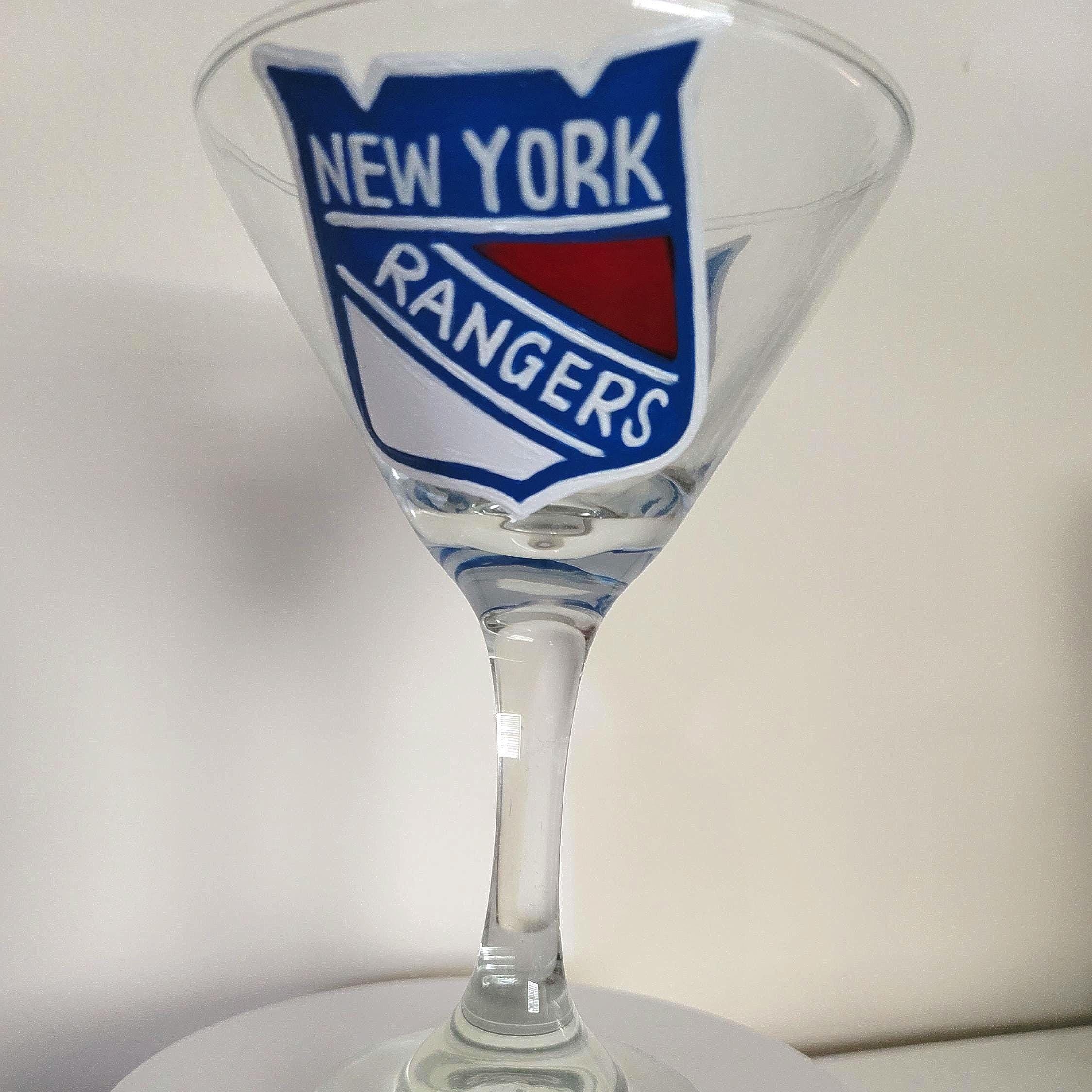 Hand Painted New York Rangers Martini Glass: Hockey Fan Gift, view 3