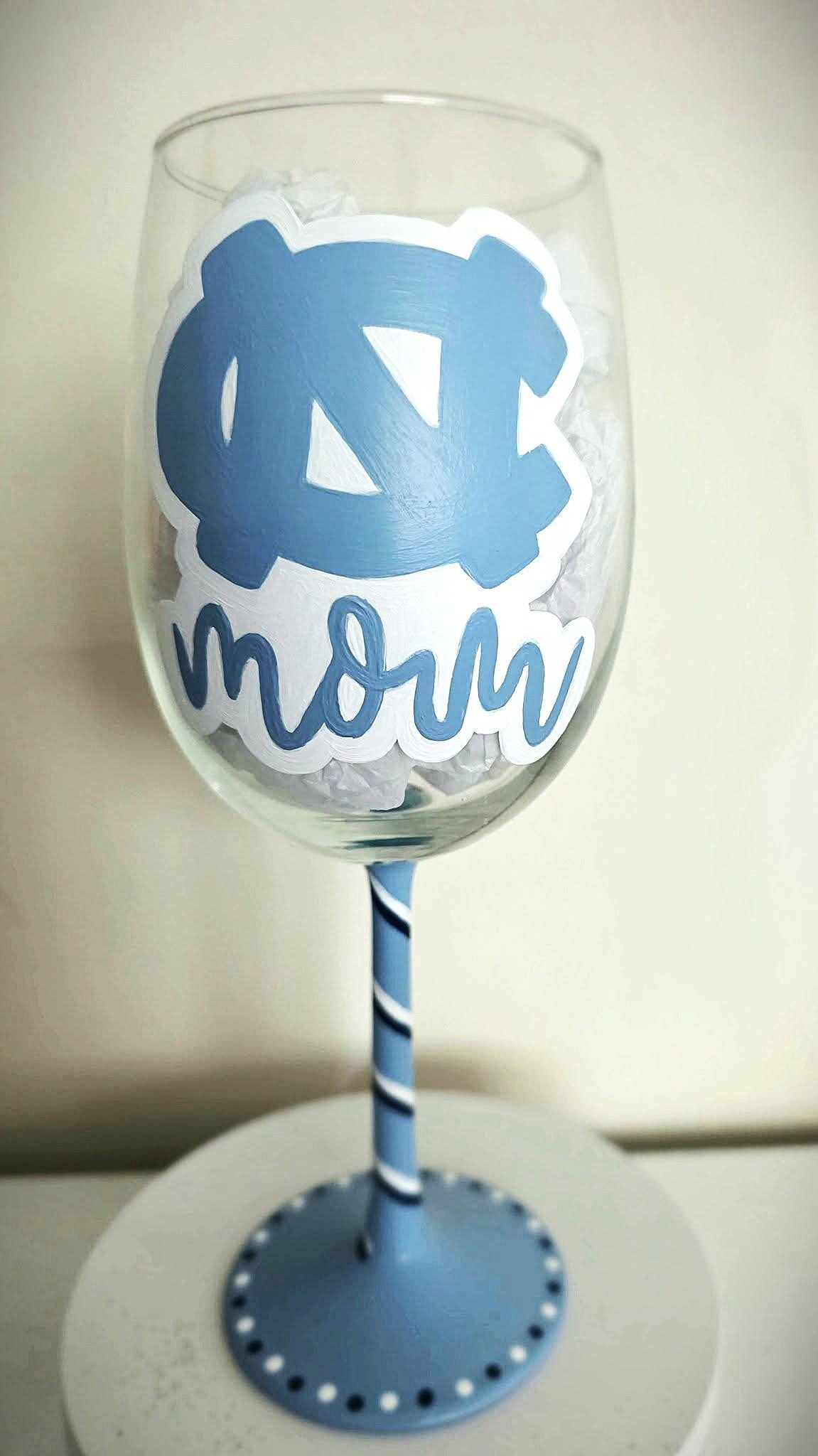 Hand Painted North Carolina Mom wine glass, view 5