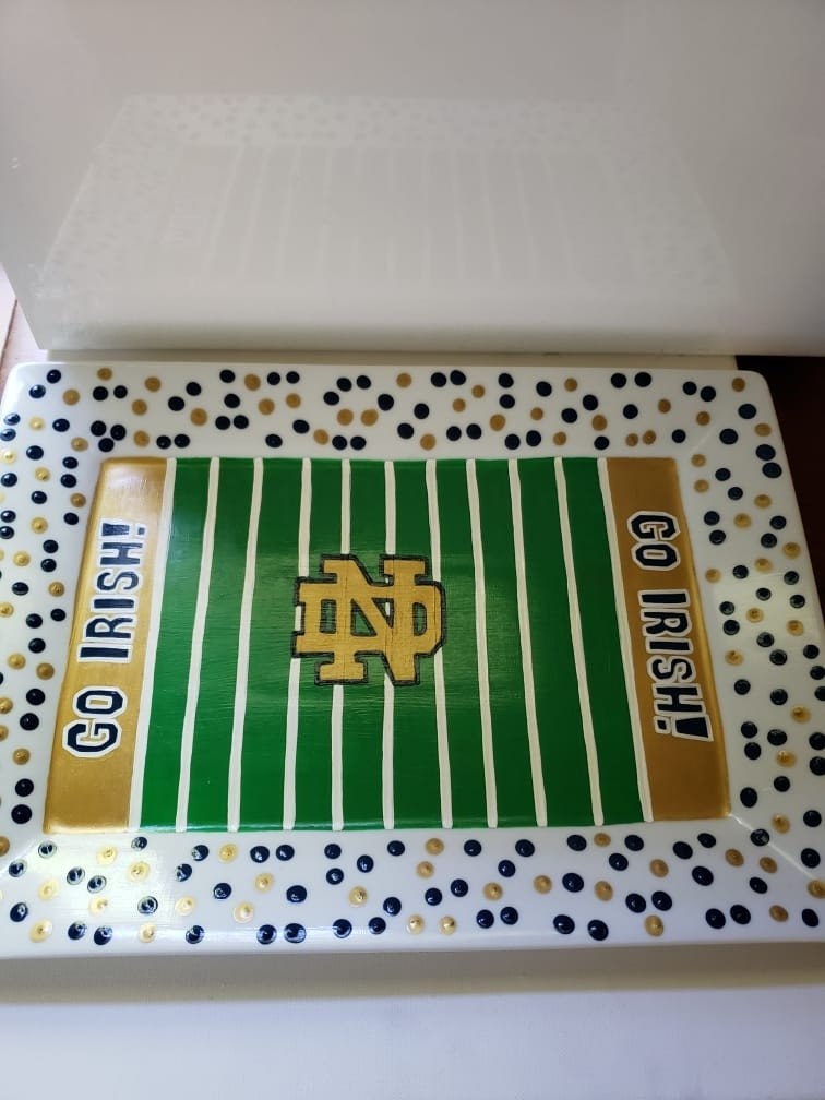 Hand Painted Notre Dame Serving Platter, College Sports Plate, view 2