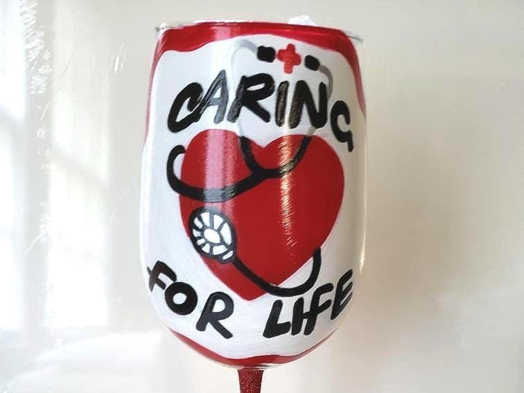 Hand Painted Nurse Wine Glass: Stethoscope Design, Caring for Life, view 2