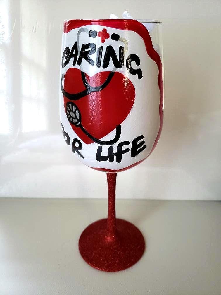 Hand Painted Nurse Wine Glass: Stethoscope Design, Caring for Life, view 3