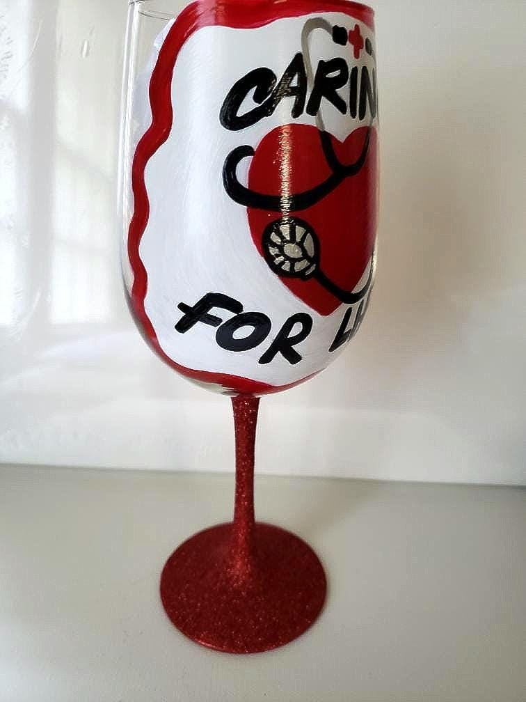 Hand Painted Nurse Wine Glass: Stethoscope Design, Caring for Life, view 4