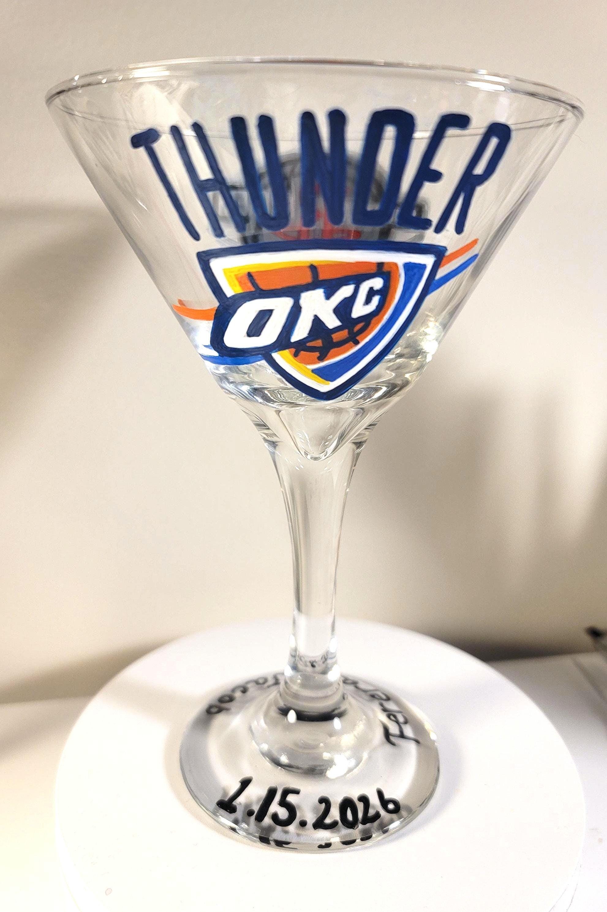 Hand Painted Oklahoma Thunder Martini Glass, NBA Gift, view 2