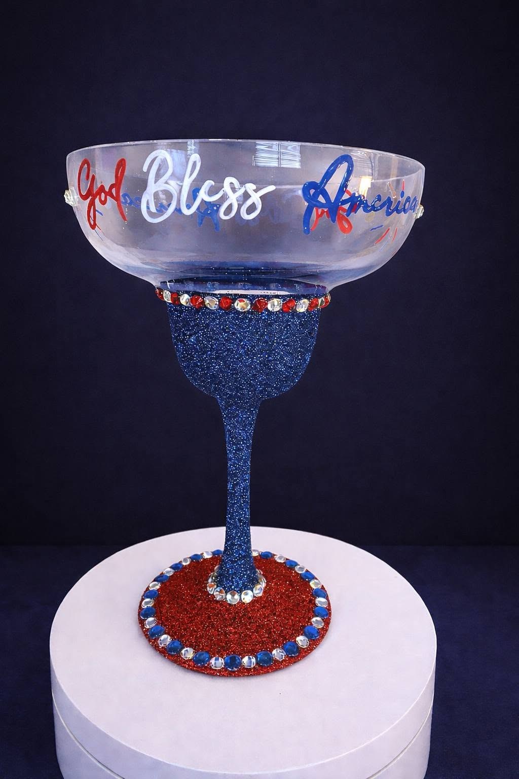 Hand Painted Patriotic God Bless America Bling Margarita Glass