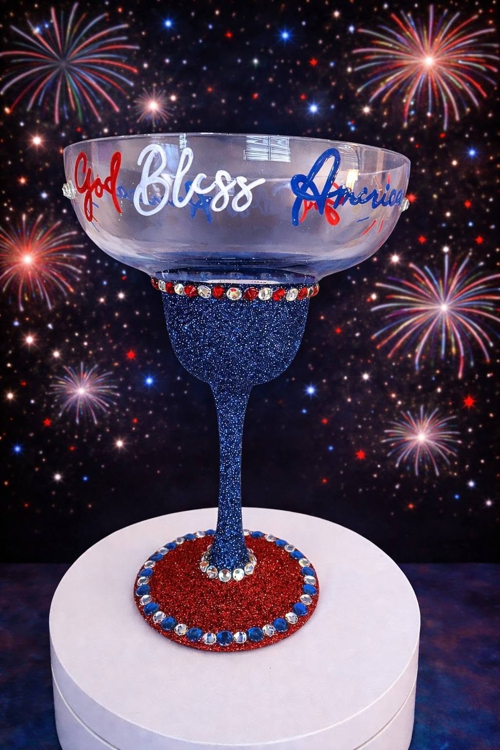 Hand Painted Patriotic God Bless America Bling Margarita Glass, view 4