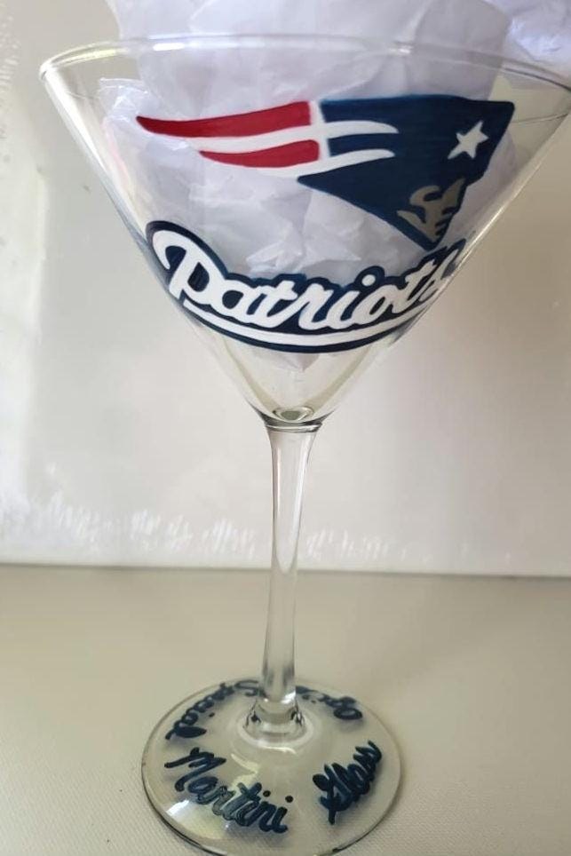 Hand Painted Patriots Martini Glass, Football Gift, view 3