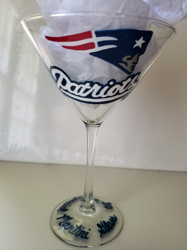 Hand Painted Patriots Martini Glass, Football Gift, view 4