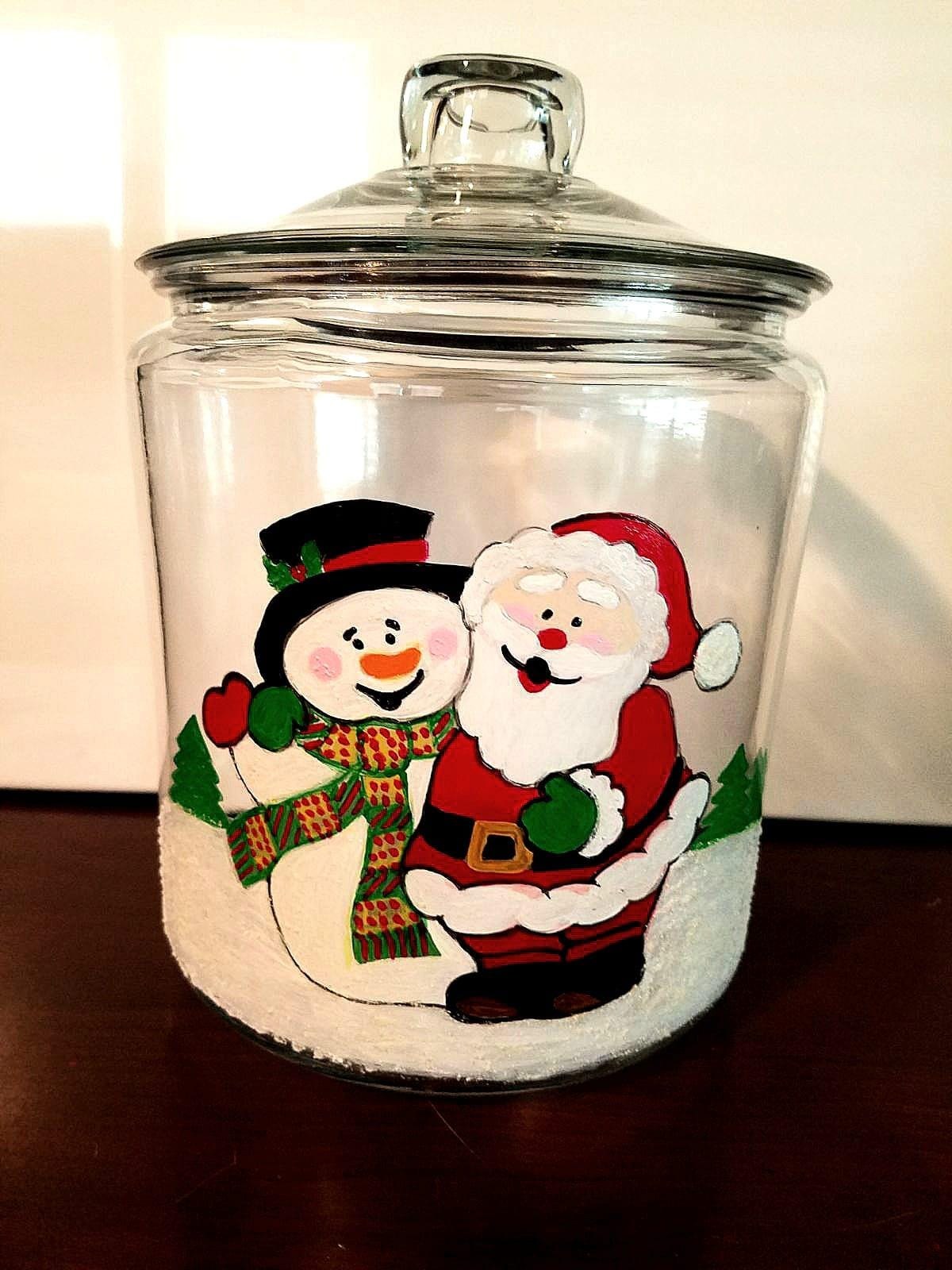 Hand Painted Santa & Snowman Glass Cookie Jar, Holiday Decor, view 2