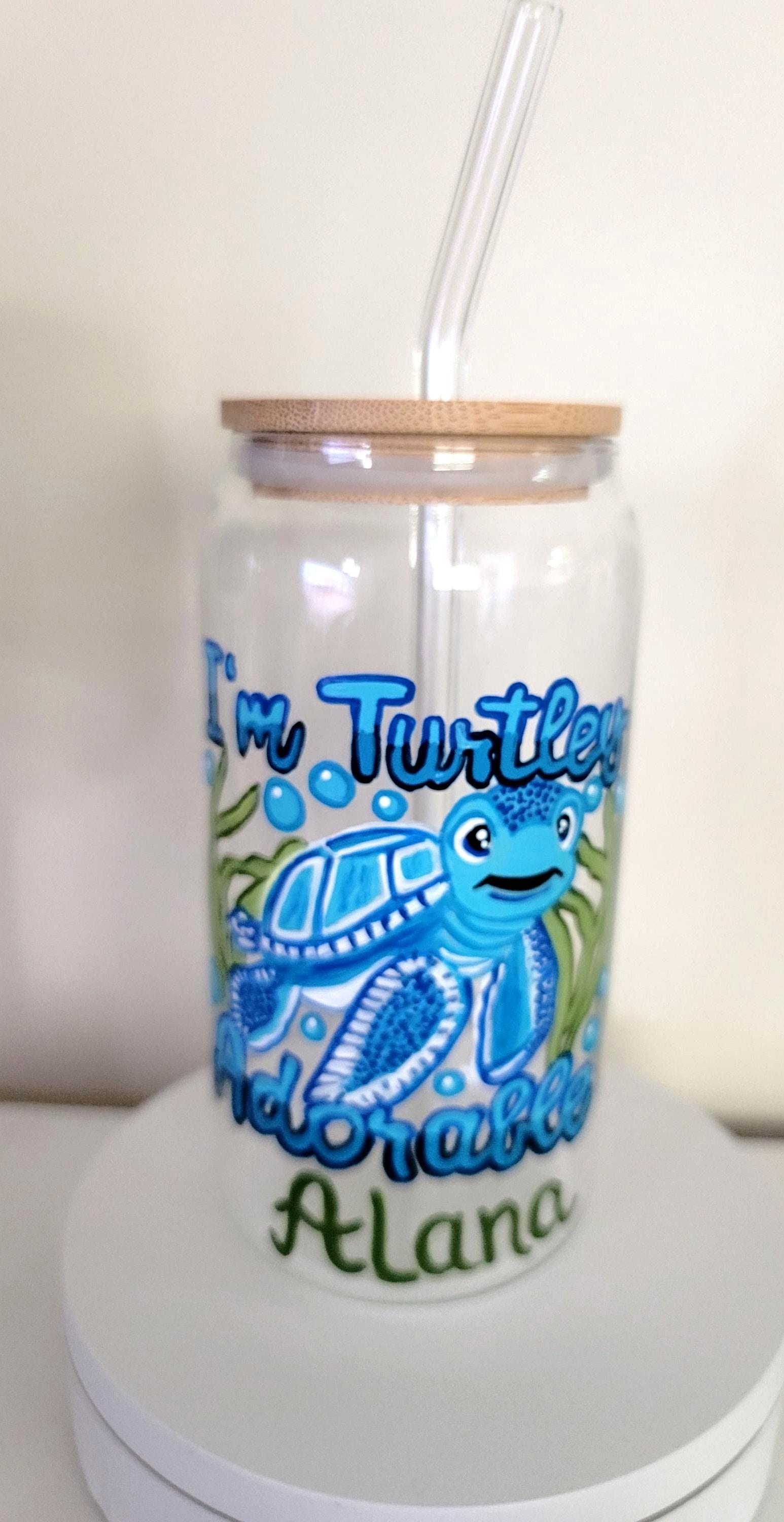 Hand Painted Sea Turtle Glass with Bamboo Lid & Straw, view 2