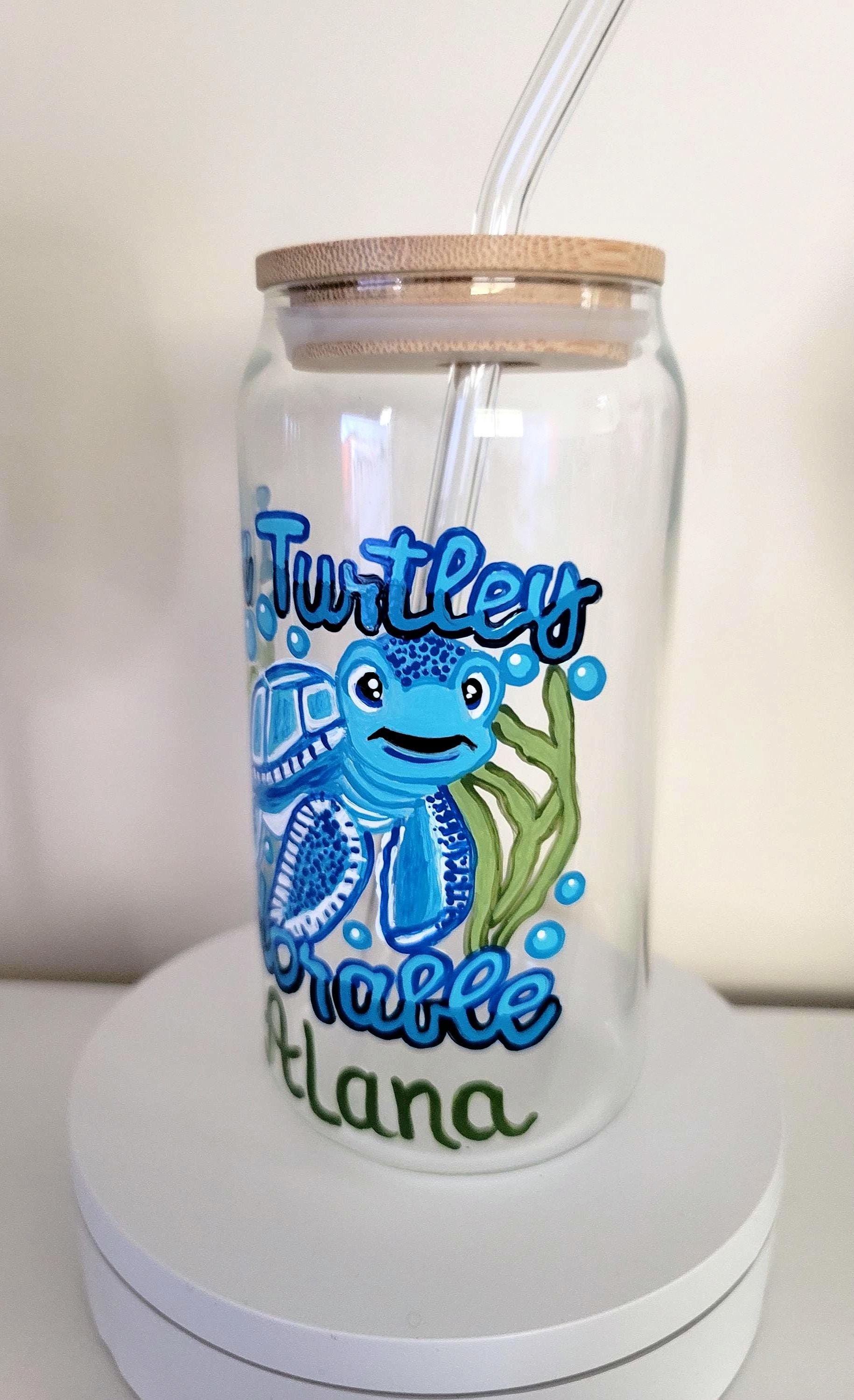 Hand Painted Sea Turtle Glass with Bamboo Lid & Straw, view 3