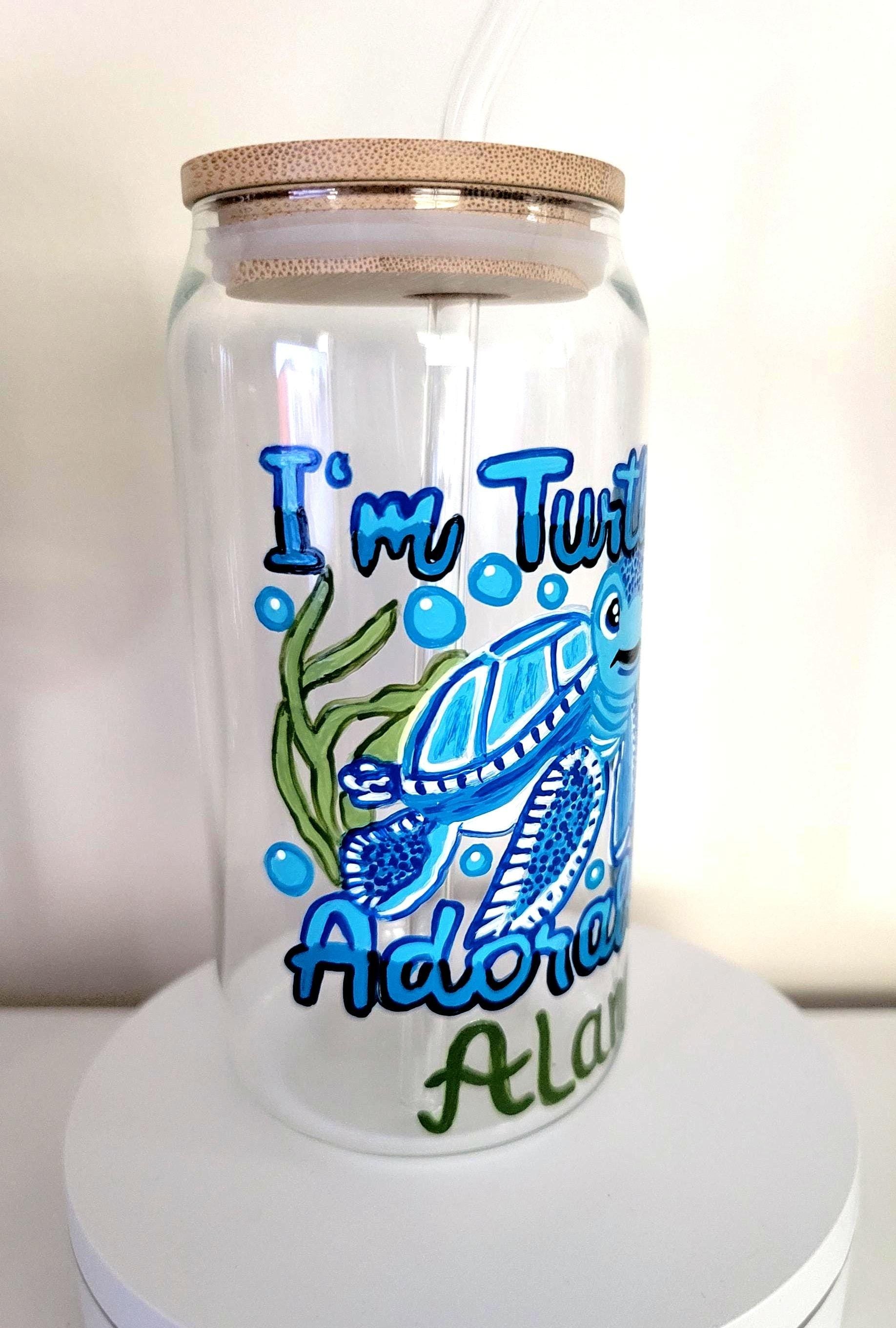 Hand Painted Sea Turtle Glass with Bamboo Lid & Straw, view 4