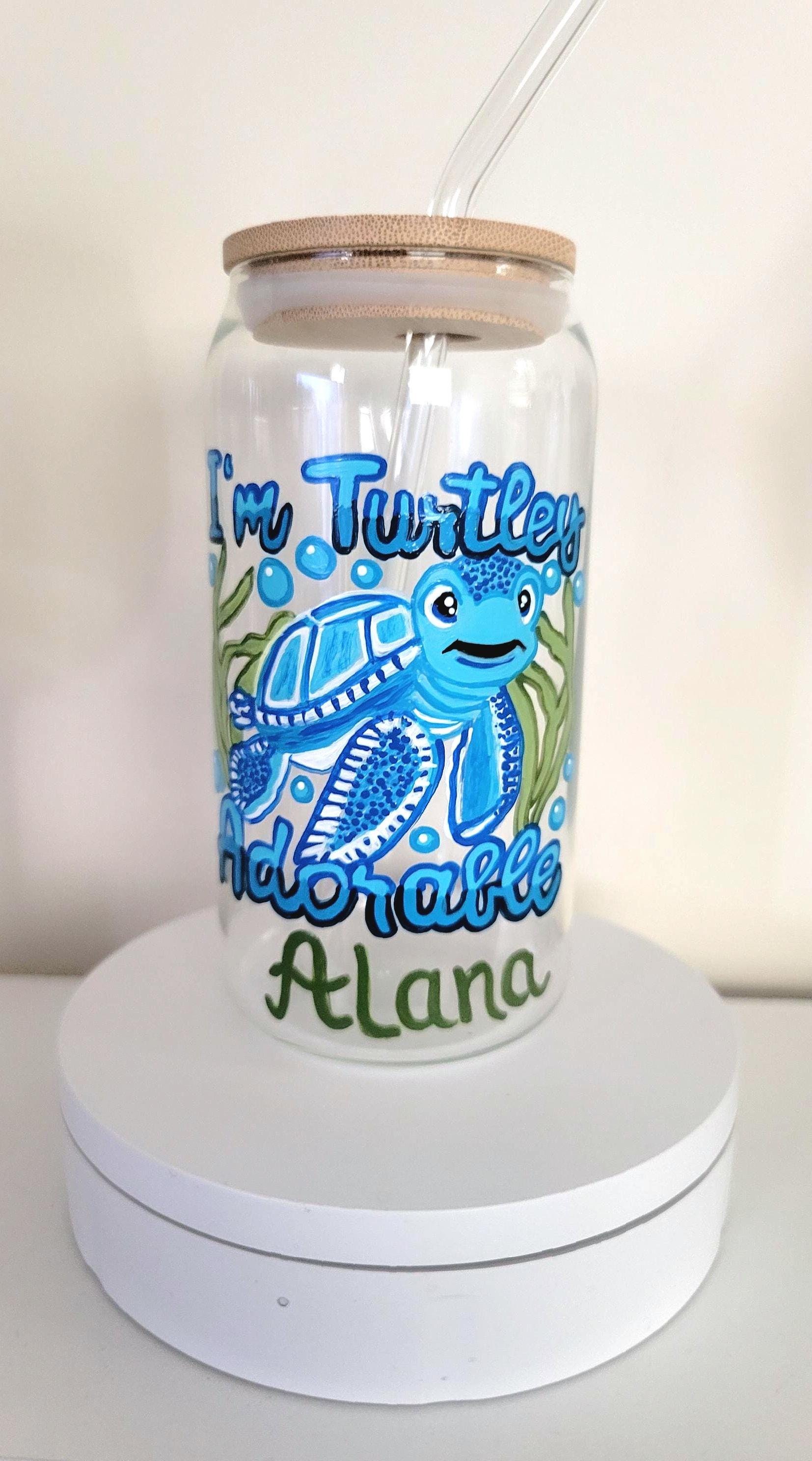 Hand Painted Sea Turtle Glass with Bamboo Lid & Straw, view 5
