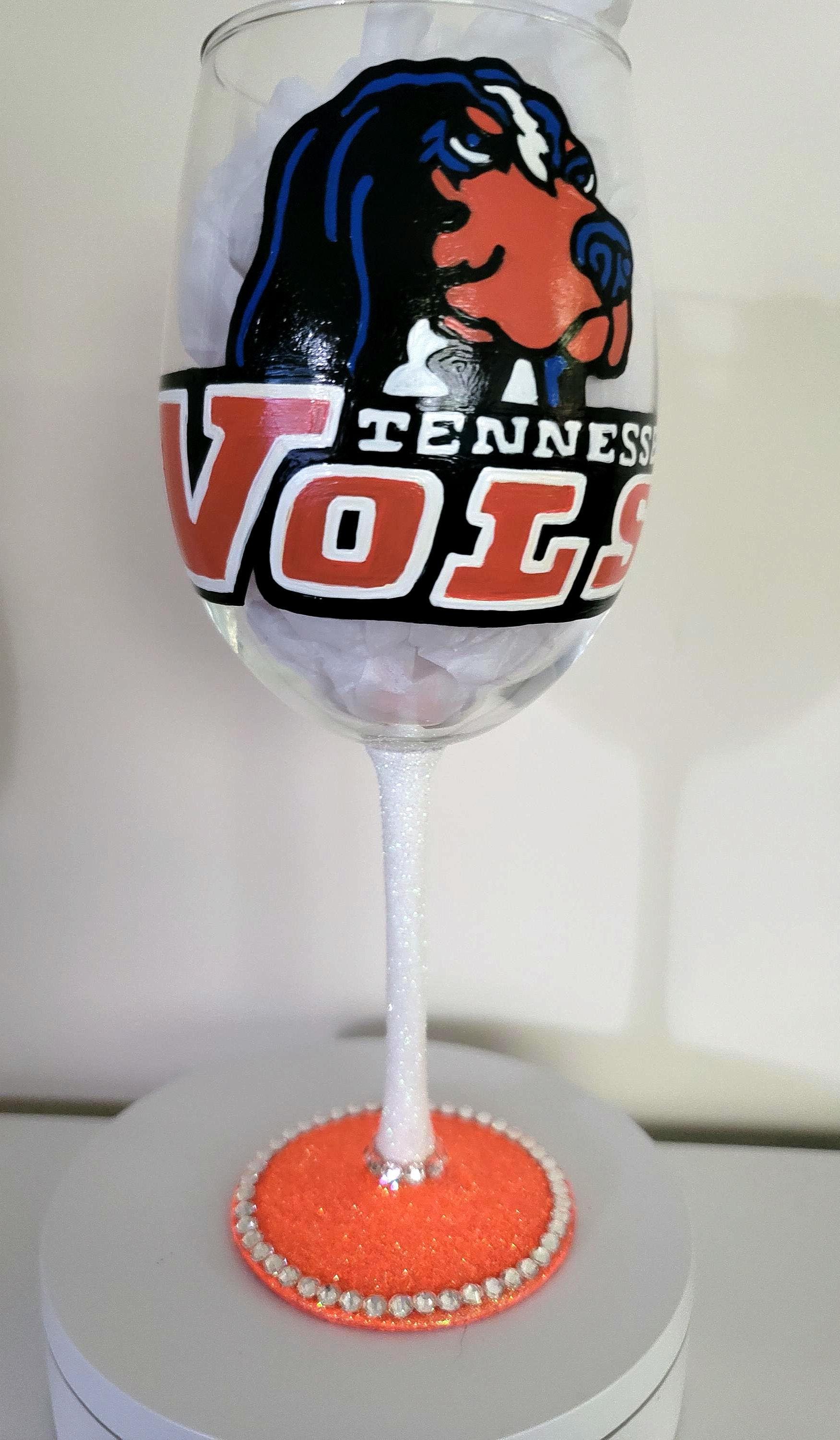 Hand Painted Tennessee Volunteers Wine Glass with Rhinestones, view 3