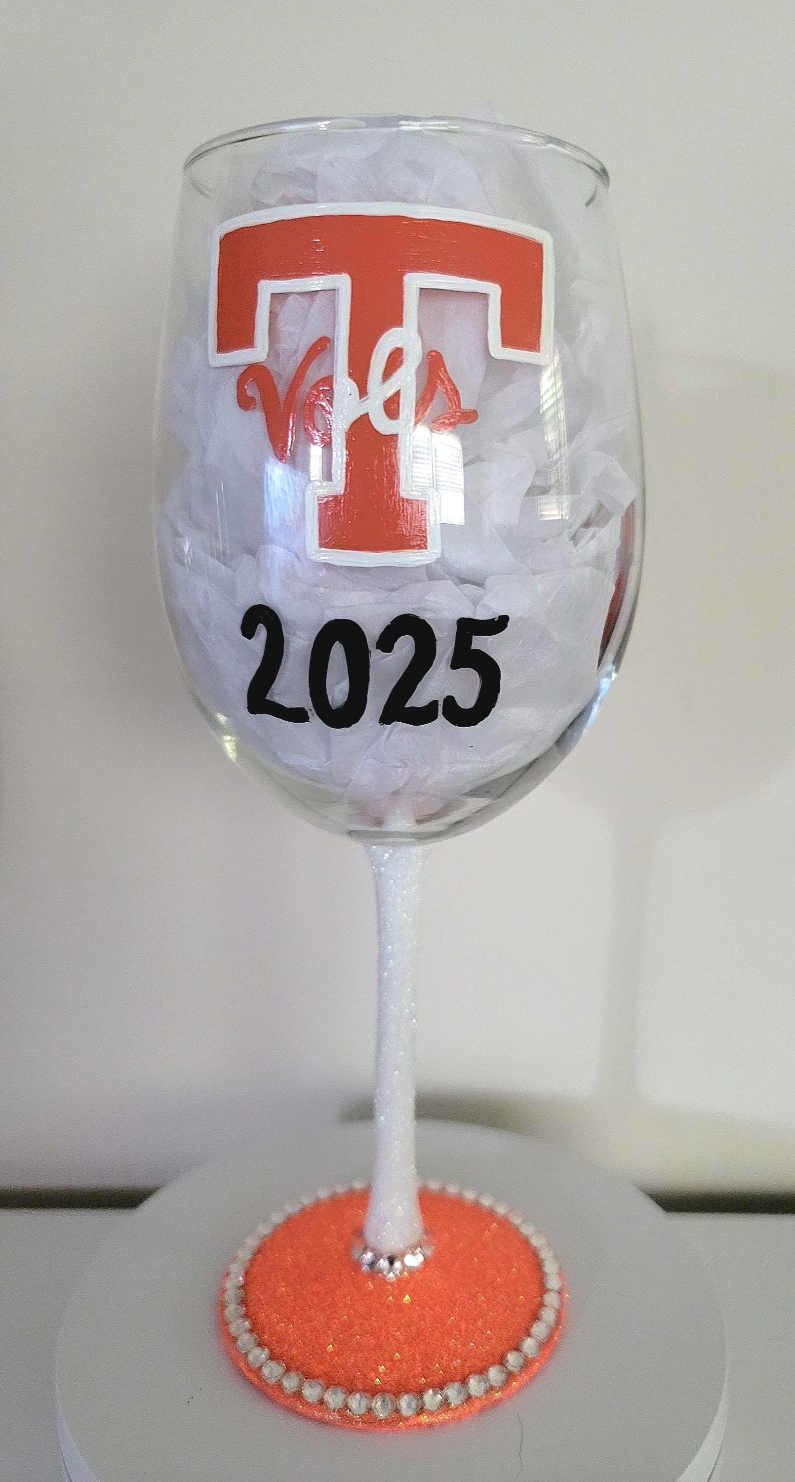 Hand Painted Tennessee Volunteers Wine Glass with Rhinestones, view 4