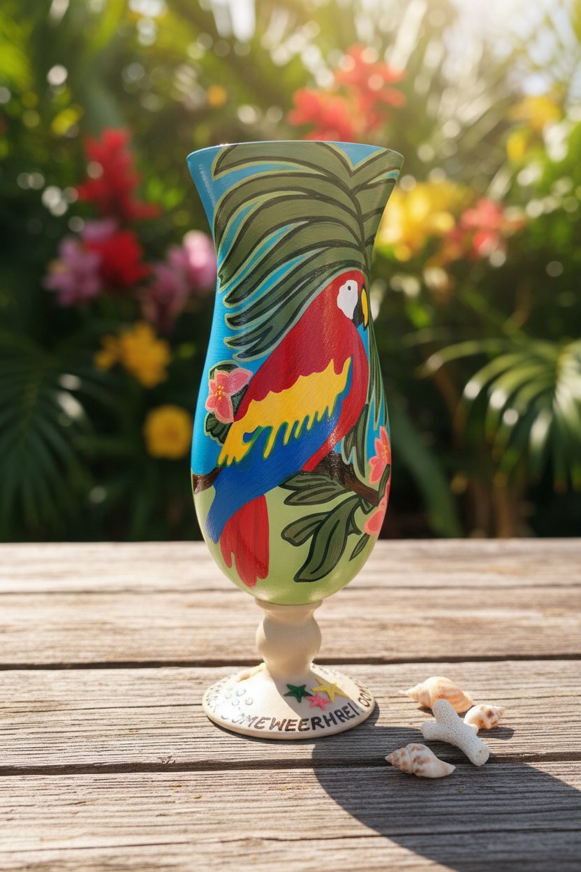 Hand Painted Tropical Parrot Hurricane Glass, Seashell Accent