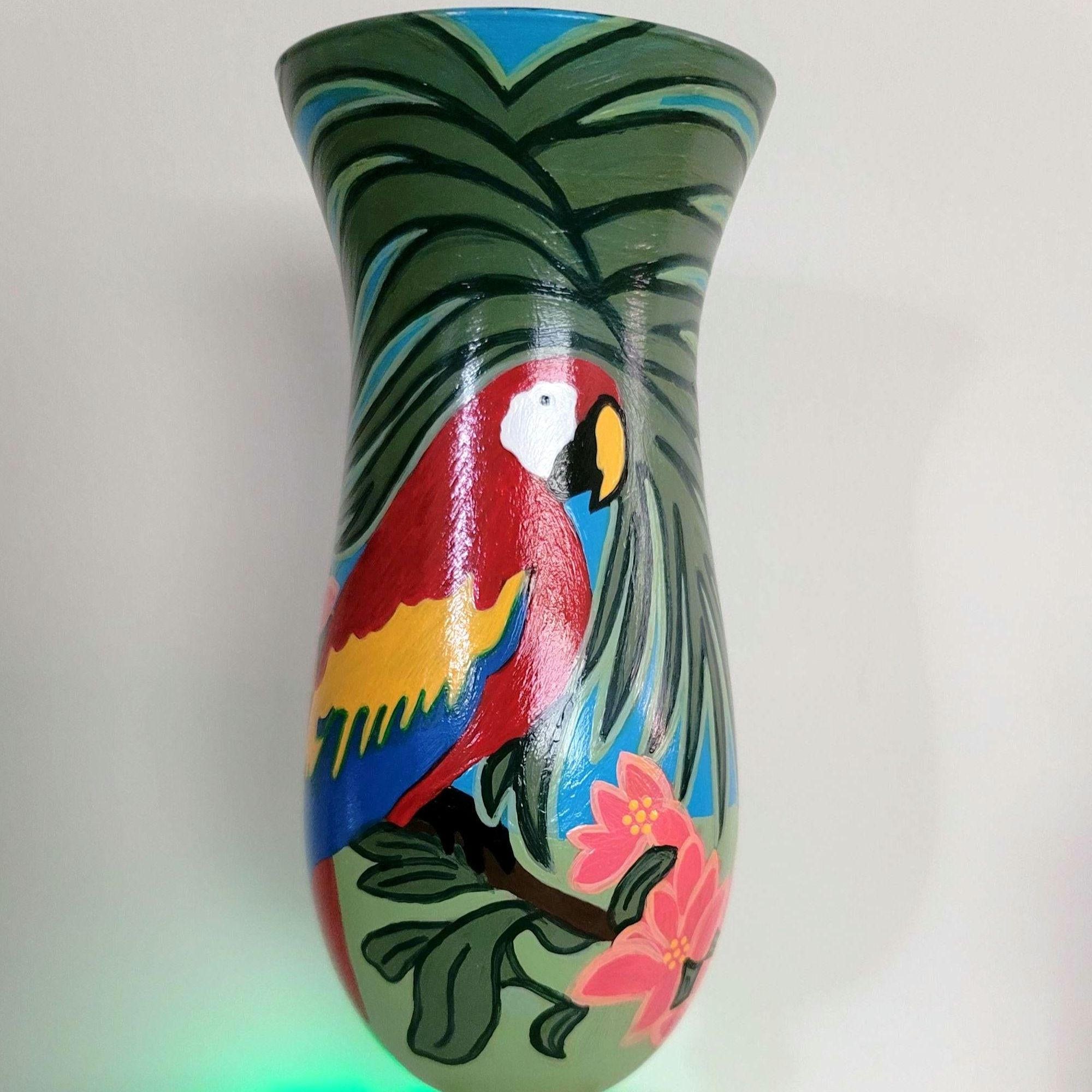Hand Painted Tropical Parrot Hurricane Glass, Seashell Accent, view 2