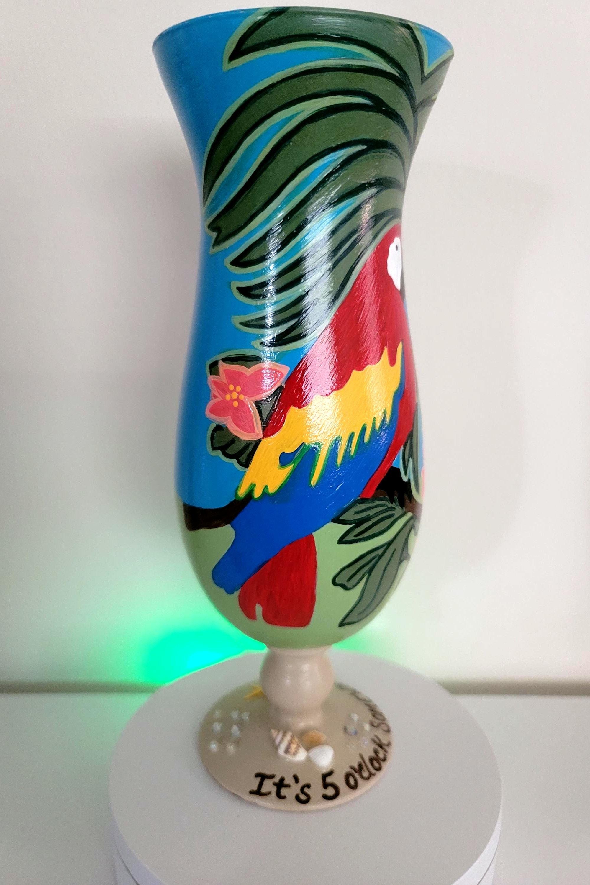 Hand Painted Tropical Parrot Hurricane Glass, Seashell Accent, view 3