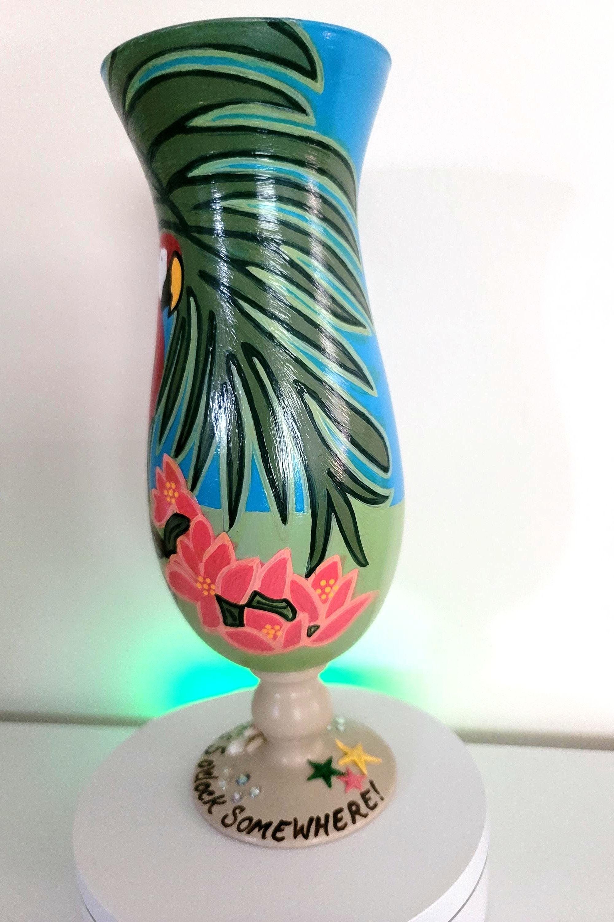 Hand Painted Tropical Parrot Hurricane Glass, Seashell Accent, view 4