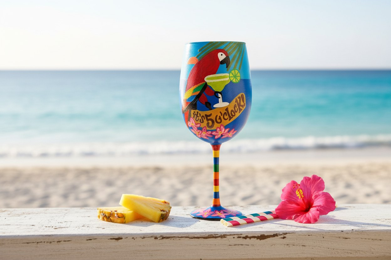 Hand Painted Tropical Parrot Wine Glass: Beach Party Theme
