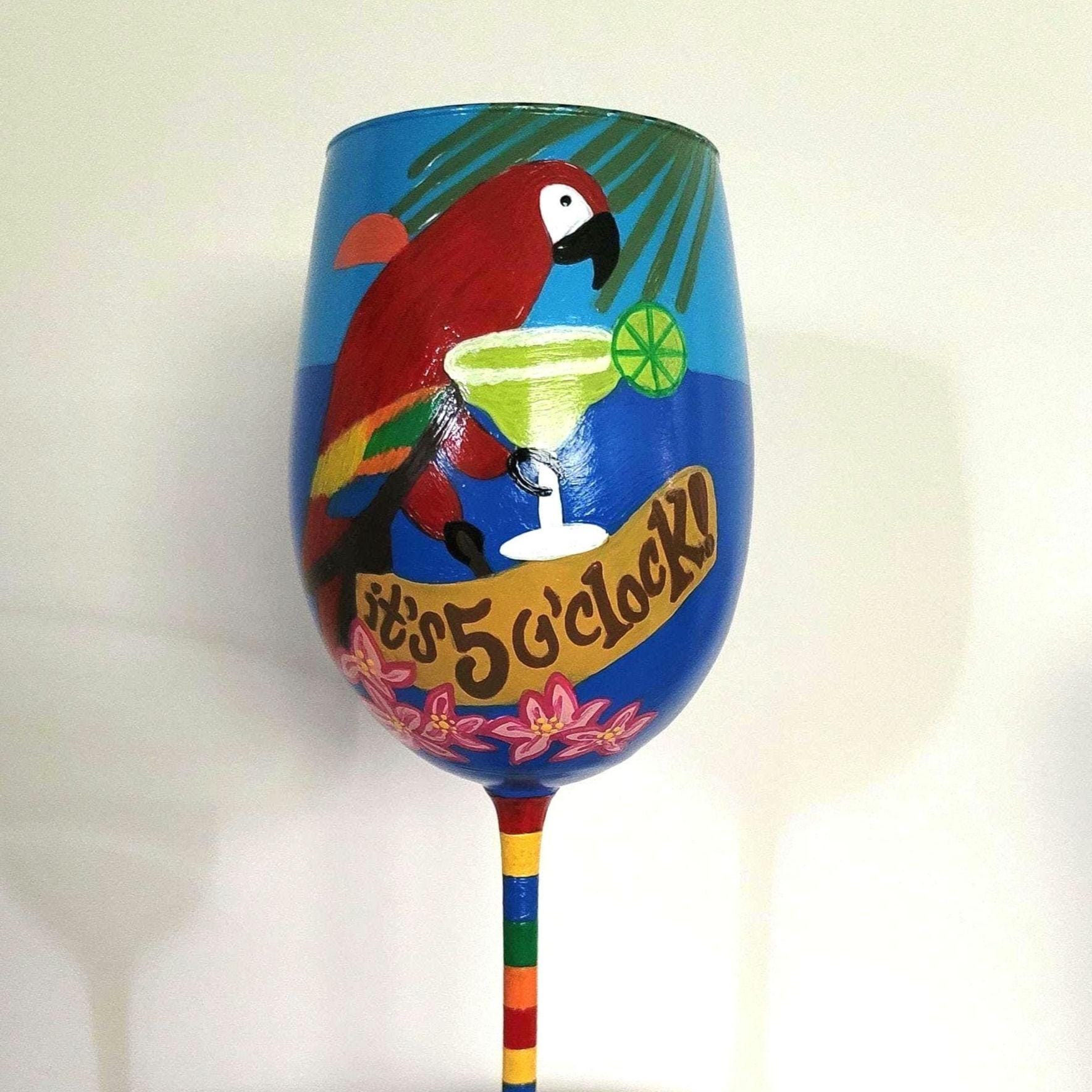 Hand Painted Tropical Parrot Wine Glass: Beach Party Theme, view 2
