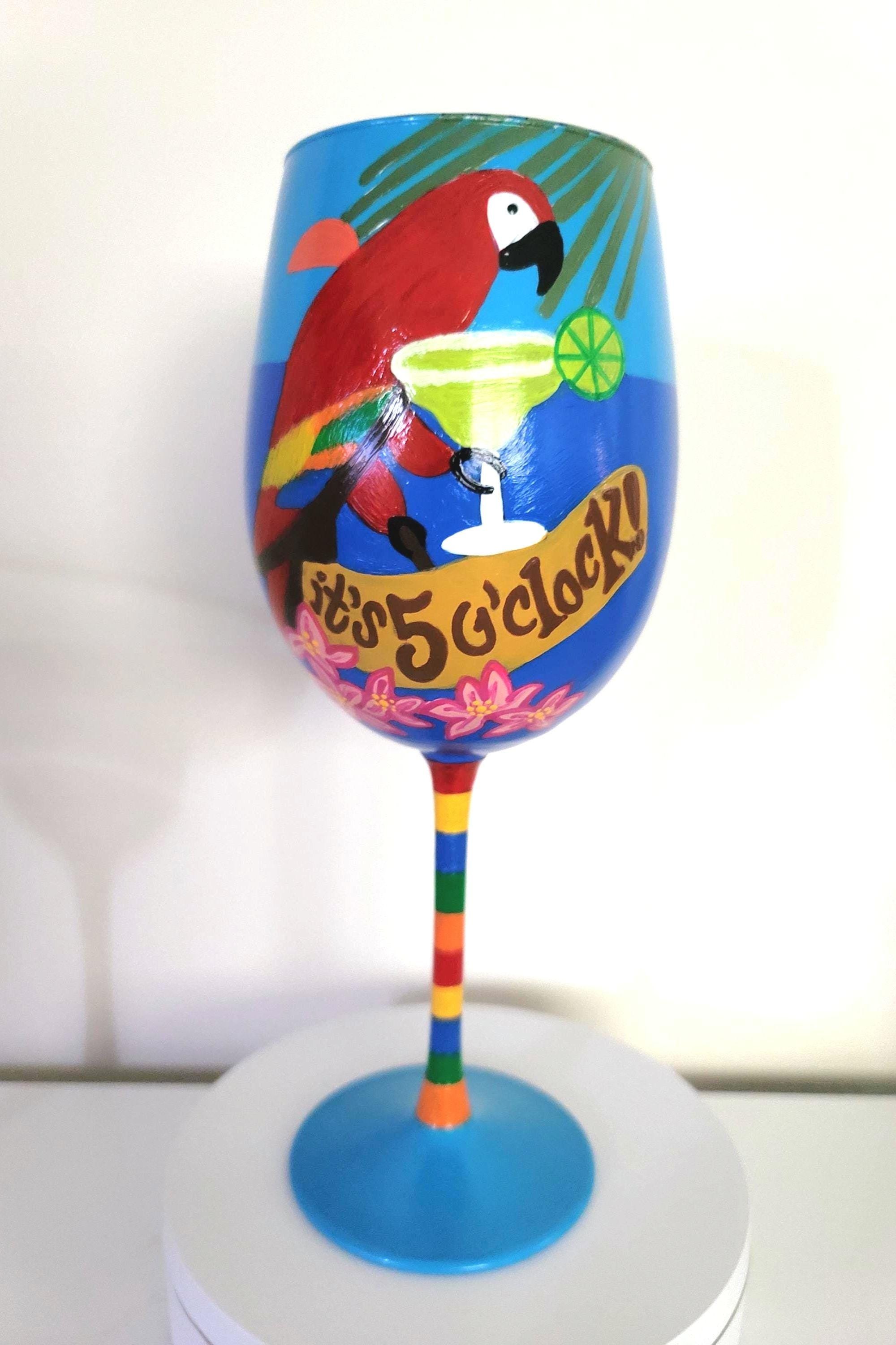 Hand Painted Tropical Parrot Wine Glass: Beach Party Theme, view 3