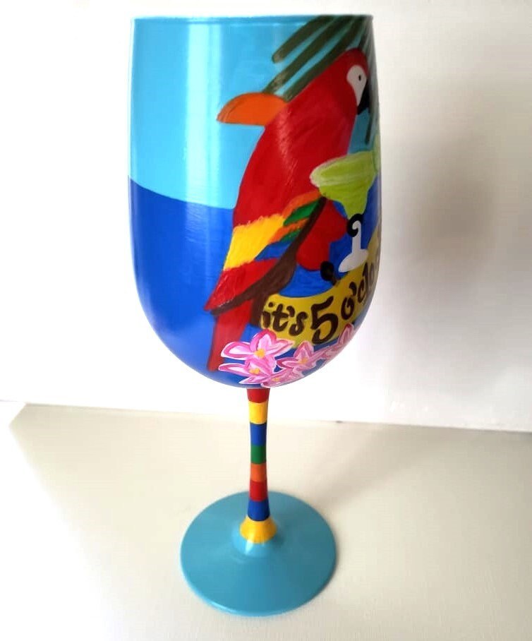 Hand Painted Tropical Parrot Wine Glass: Beach Party Theme, view 5