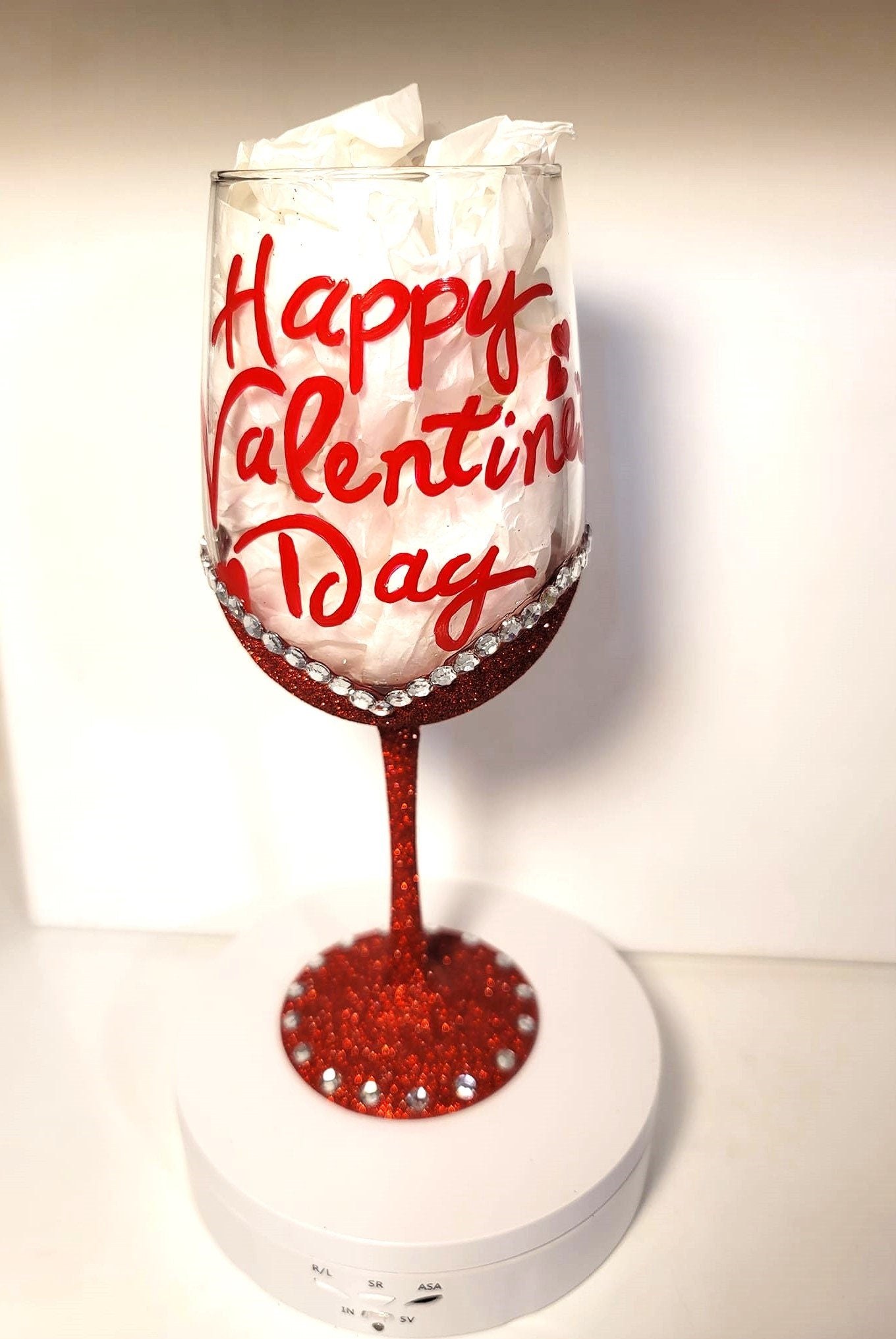 Hand Painted Valentine Wine Glass: Glitter Rhinestone Bling, view 3