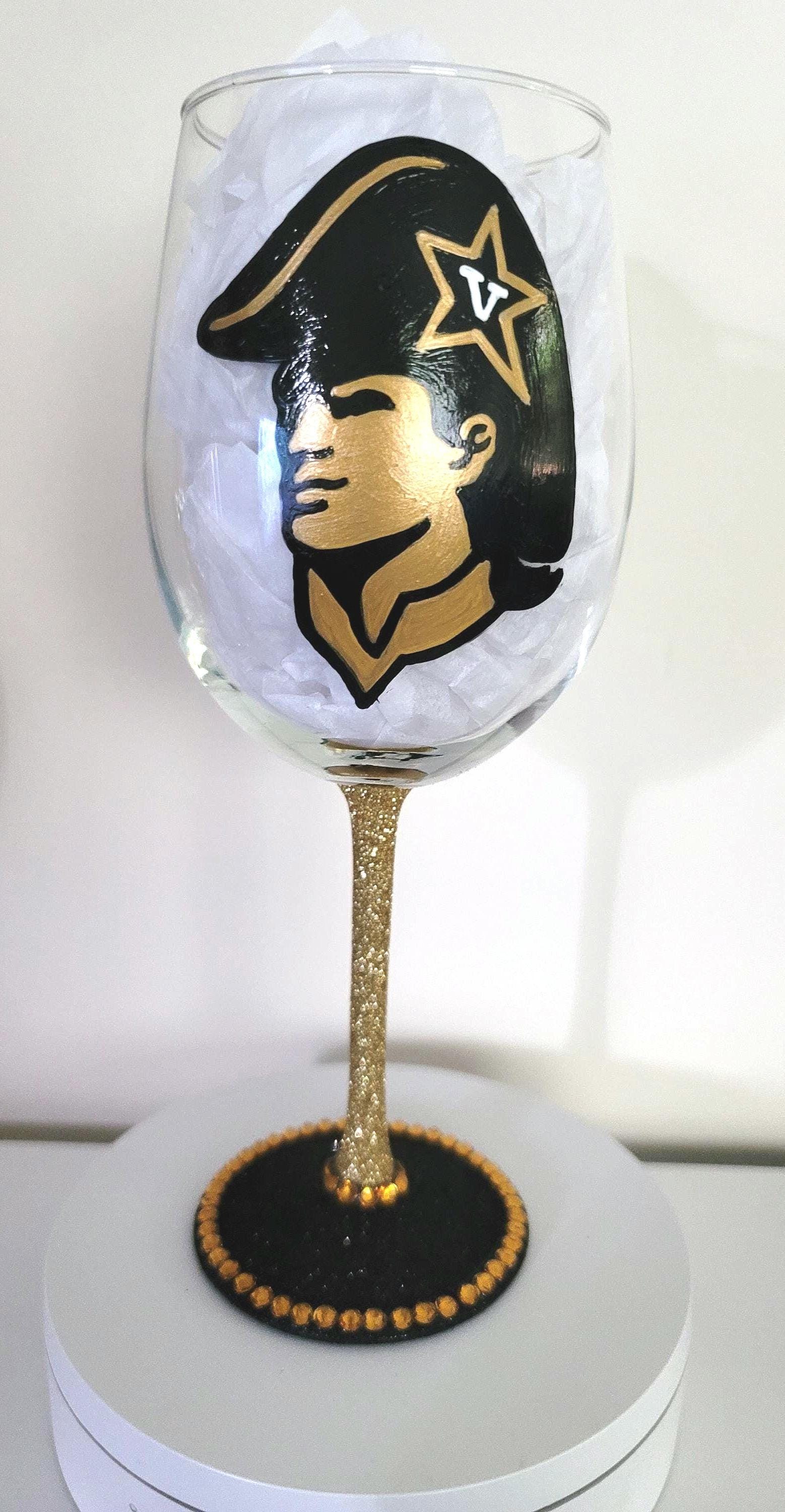 Hand Painted Vanderbilt Commodores Wine Glass with Rhinestones