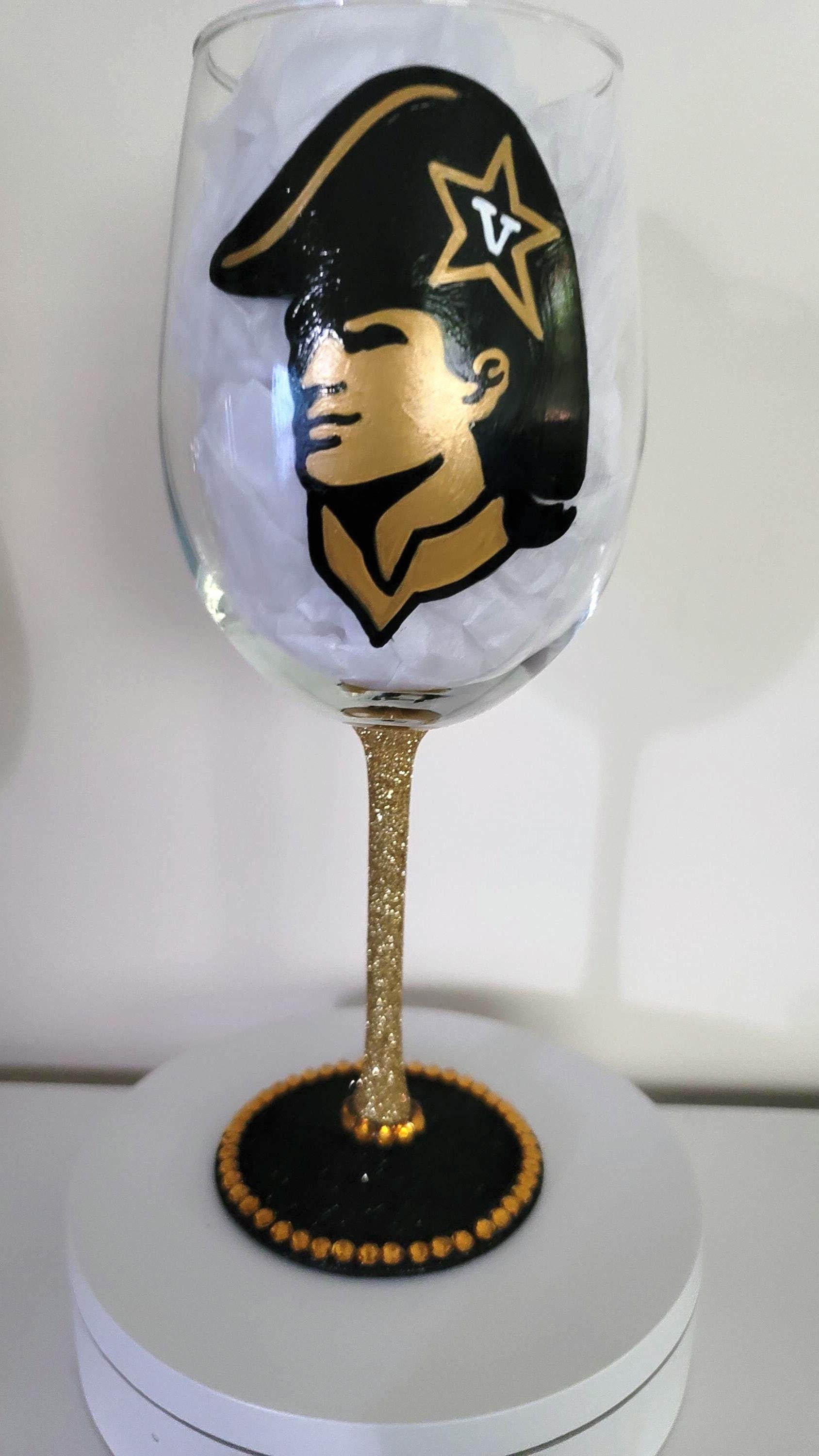 Hand Painted Vanderbilt Commodores Wine Glass with Rhinestones, view 3