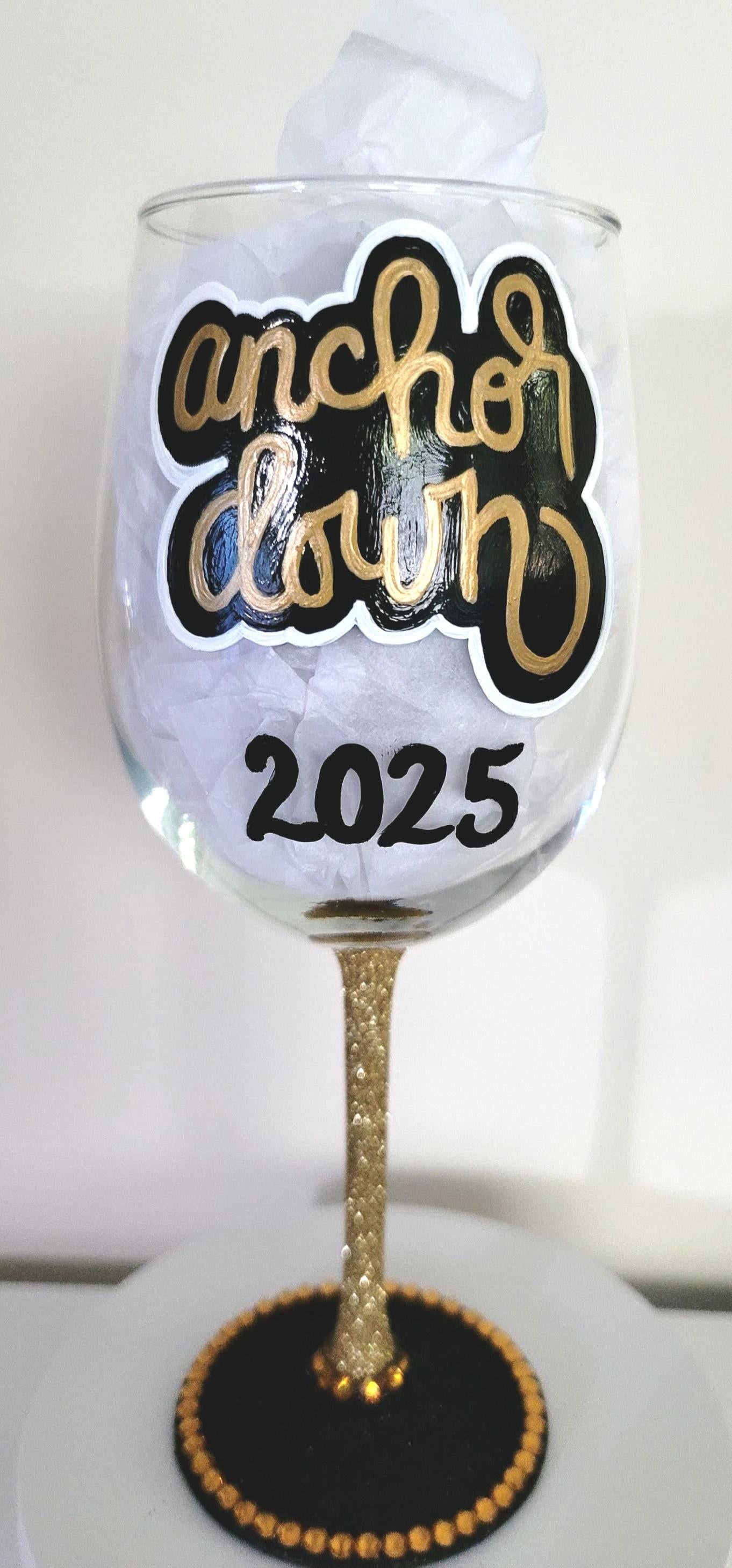 Hand Painted Vanderbilt Commodores Wine Glass with Rhinestones, view 4