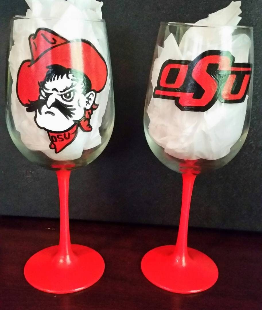 Oklahoma State Hand Painted Wine Glass, OSU College Gift, view 2
