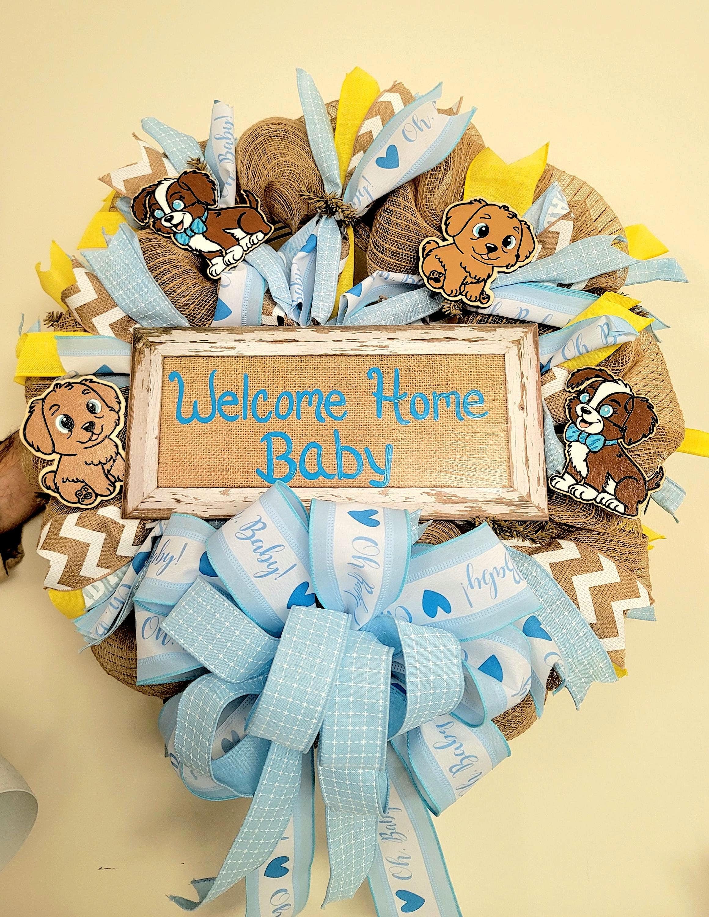 Puppy Deco Mesh Baby Boy Wreath: Blue Ribbon, Burlap