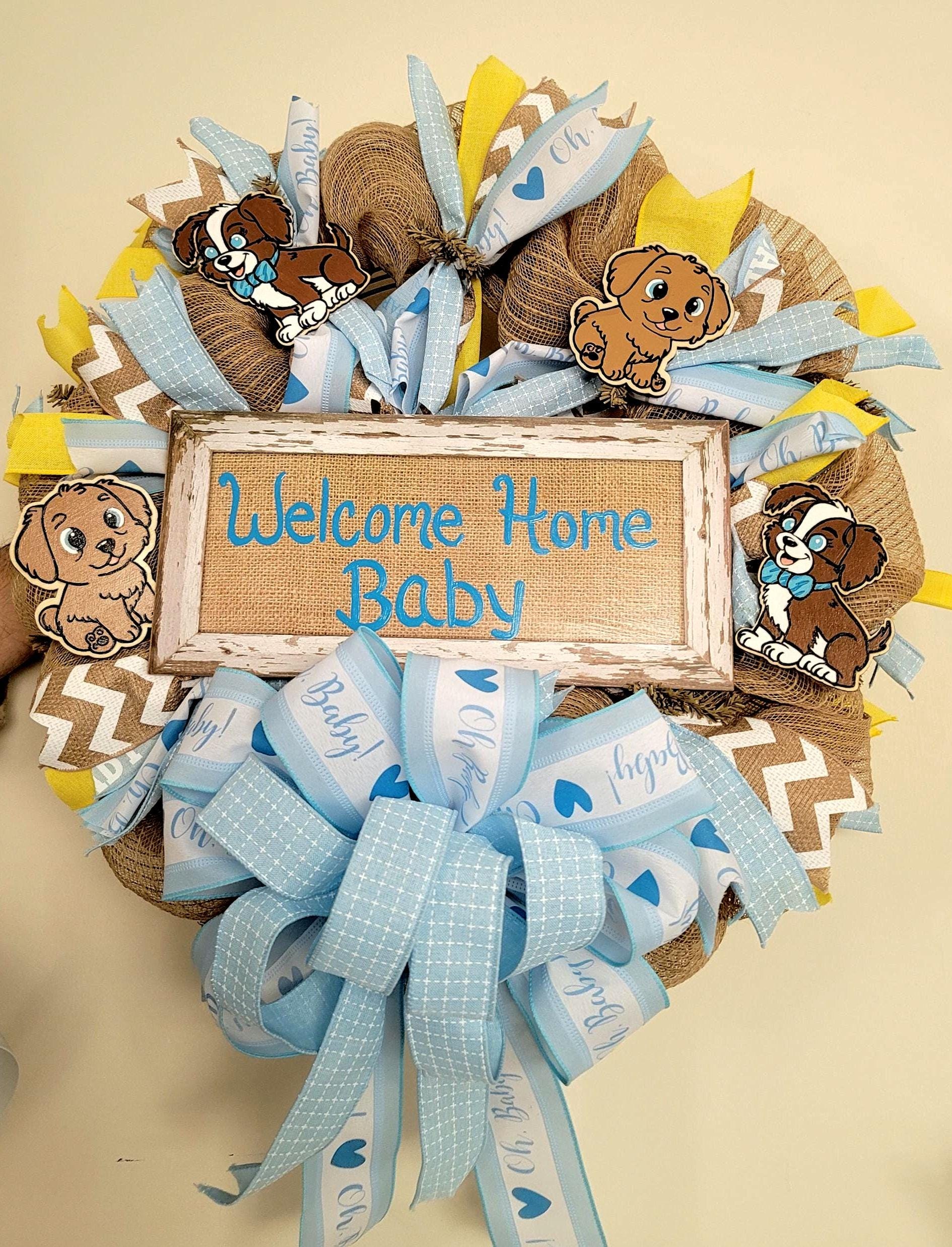 Puppy Deco Mesh Baby Boy Wreath: Blue Ribbon, Burlap, view 2