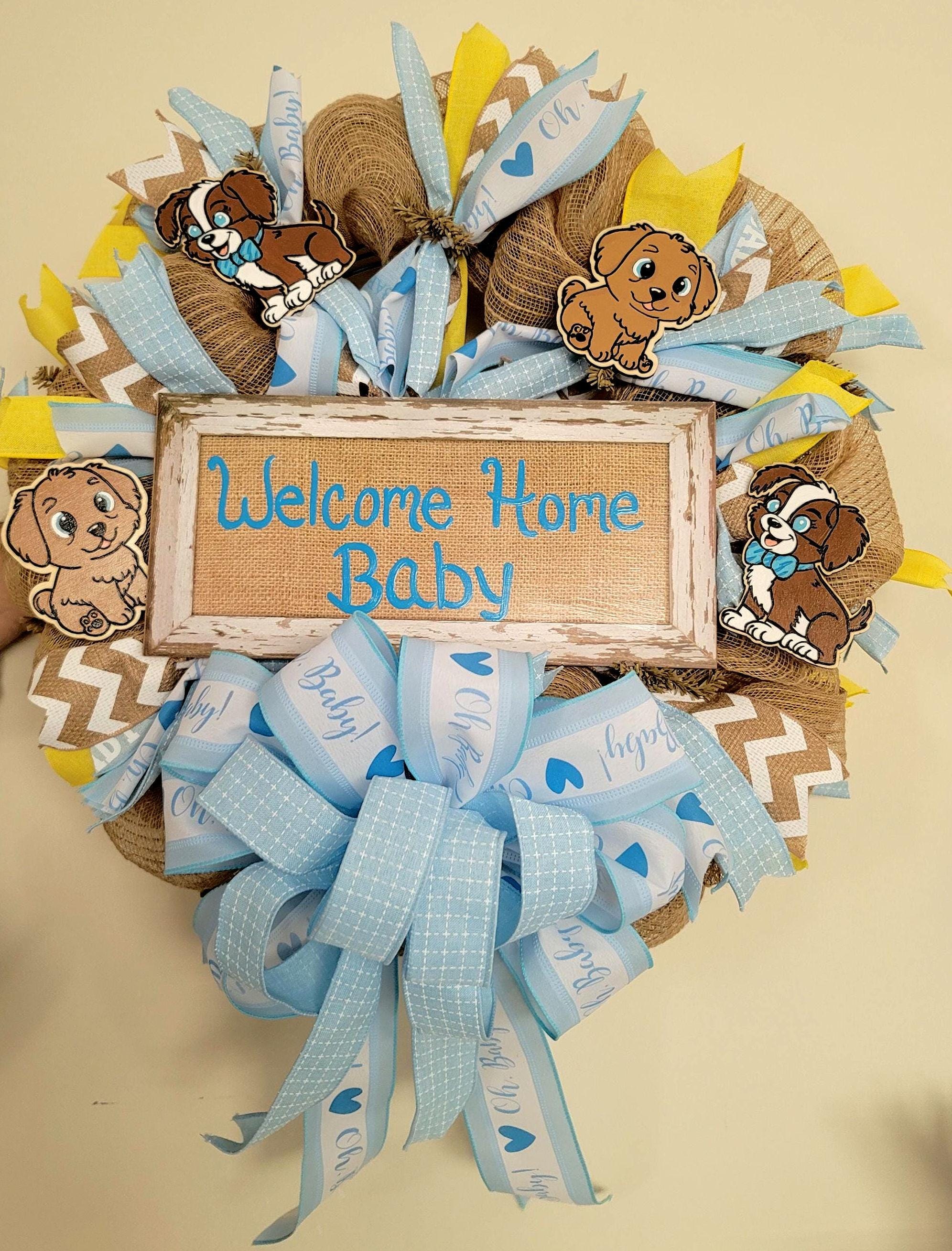 Puppy Deco Mesh Baby Boy Wreath: Blue Ribbon, Burlap, view 3