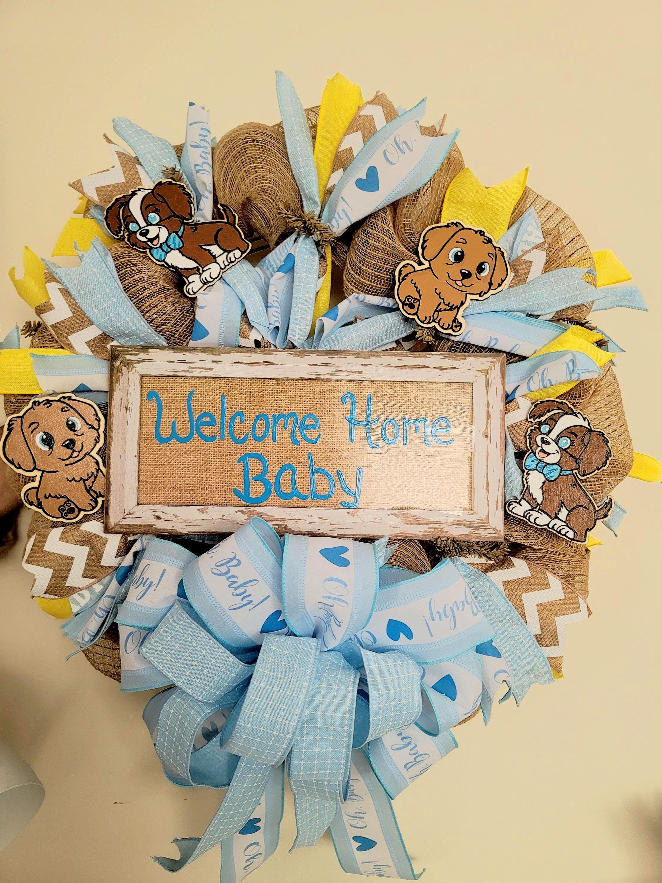Puppy Deco Mesh Baby Boy Wreath: Blue Ribbon, Burlap, view 4
