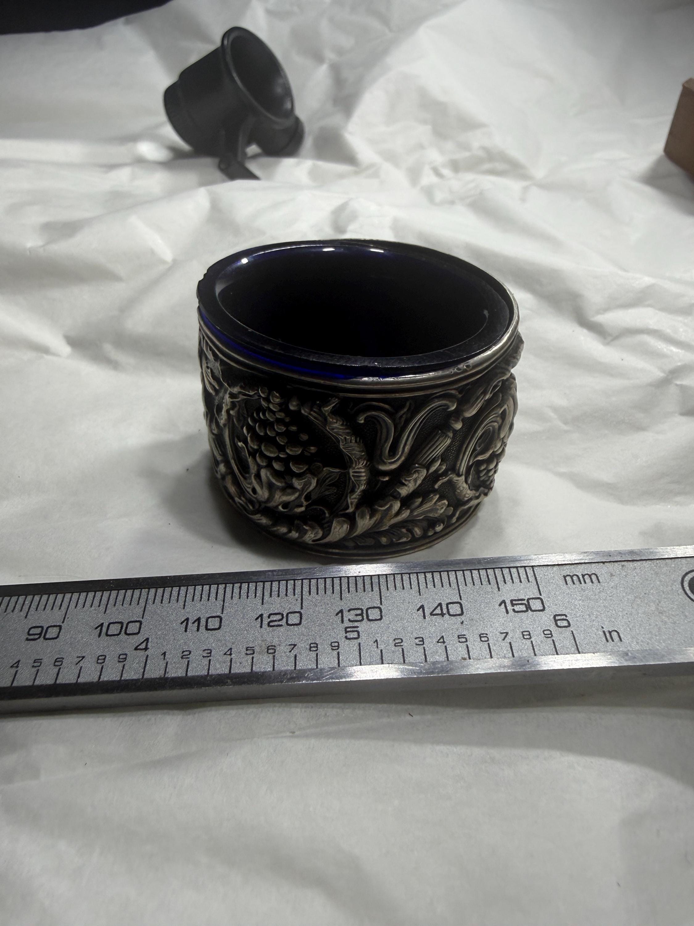 Tiffany Sterling open salt with cobalt( not signed)container detail 7
