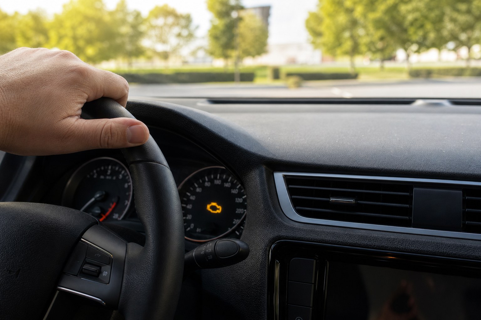 Check engine light illuminated on a car dashboard