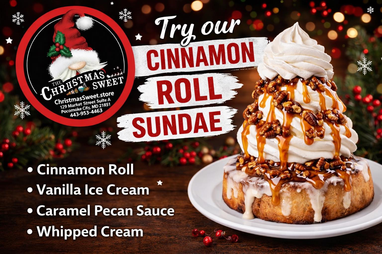 Cinnamon roll sundae with soft serve